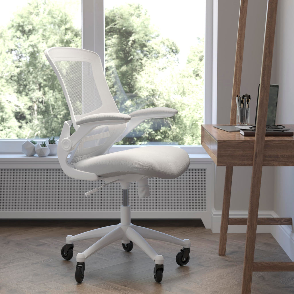 Flash Furniture Kelista Mid-Back Light Gray Mesh Swivel Ergonomic Task Office Chair With White Frame, Flip-Up Arms, And Transparent Roller Wheels