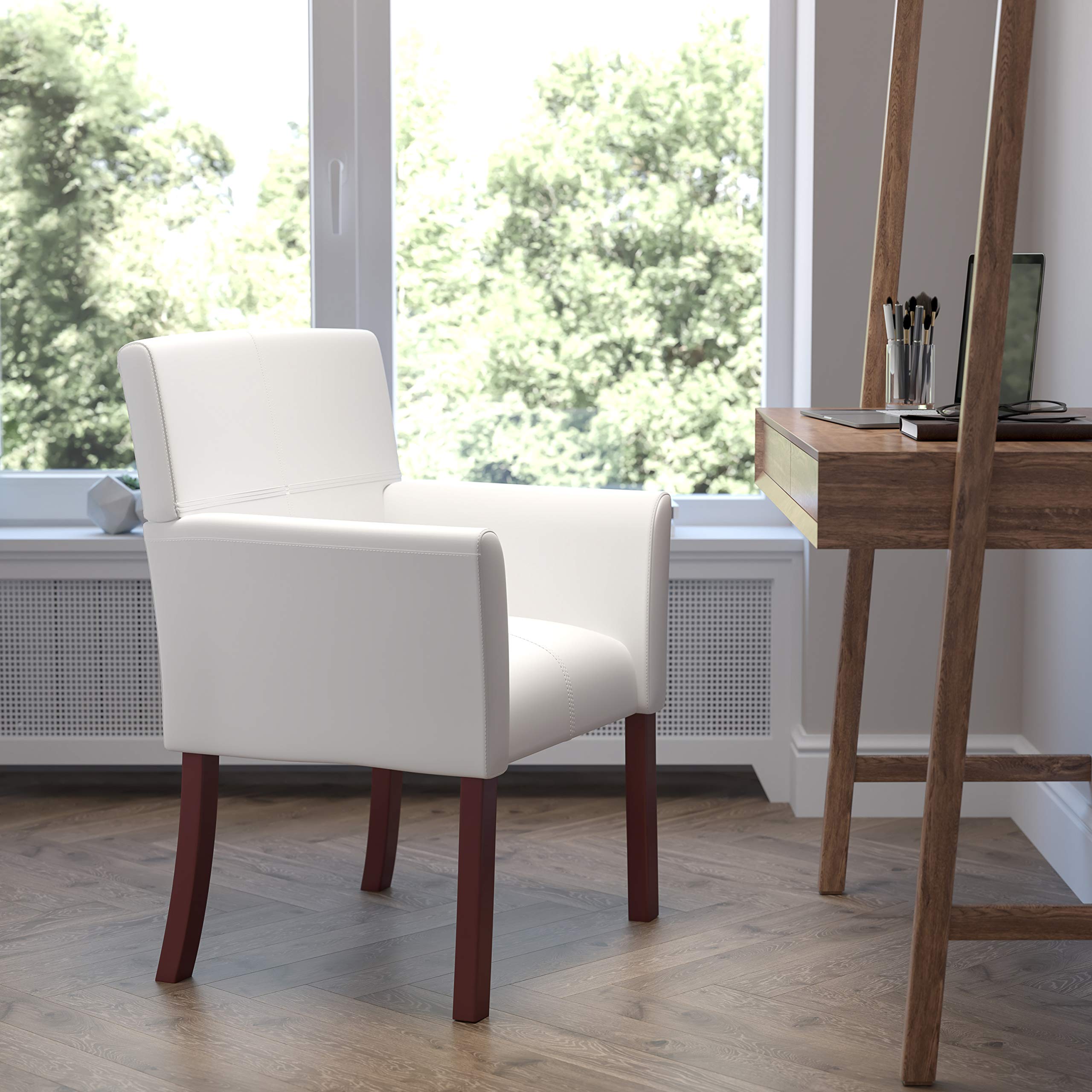 Flash Furniture Taylor White LeatherSoft Executive Side Reception Chair with Mahogany Legs