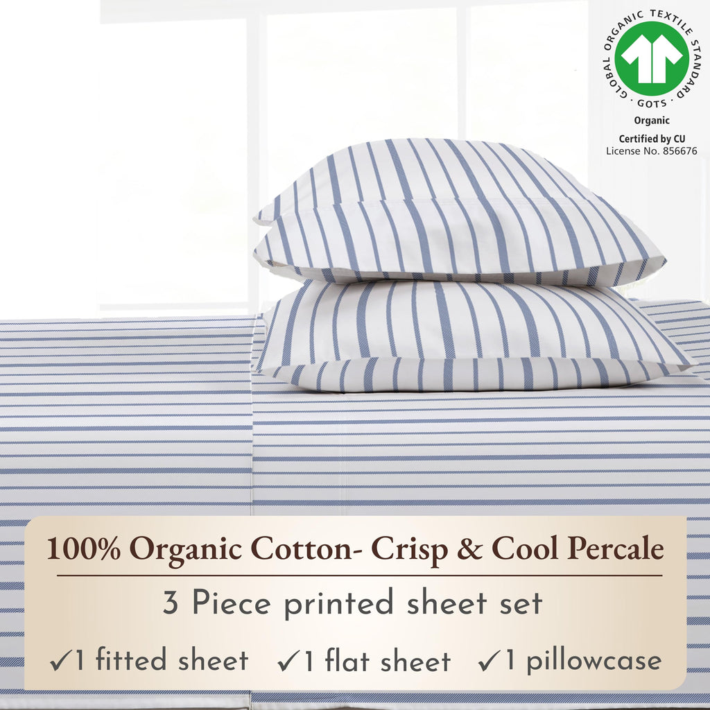 California Design Den Blue Stripe Sheets, 100% Organic Cotton Percale Sheets, Deep Pocket Twin Xl Sheets & Pillowcase Set - Blue Stripe
