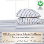 California Design Den Blue Stripe Sheets, 100% Organic Cotton Percale Sheets, Deep Pocket Twin Xl Sheets & Pillowcase Set - Blue Stripe