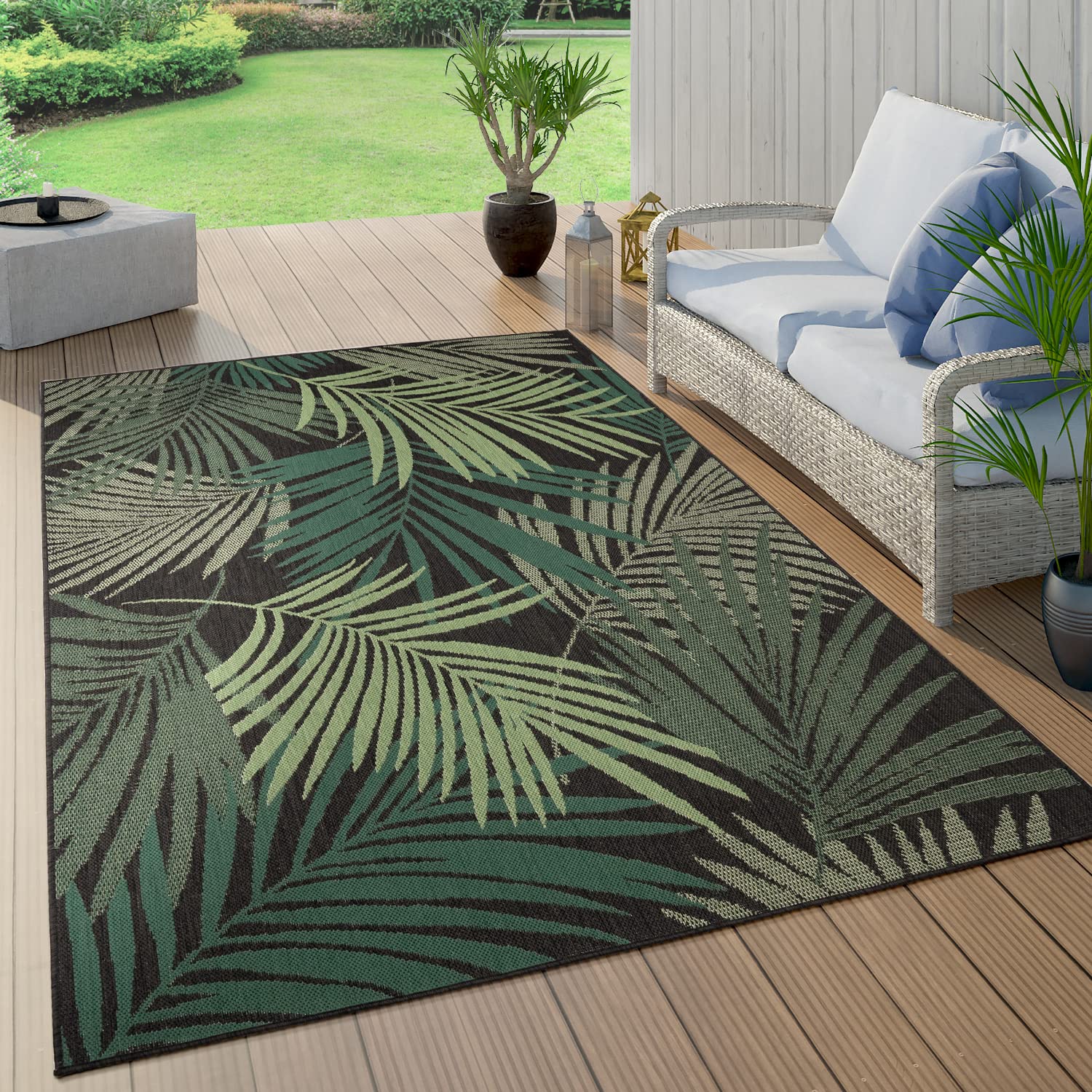 Indoor & Outdoor Rug Flat-Weave Jungle Floral Palm Trees Design Black Green, Size: 5'3' X 7'7'