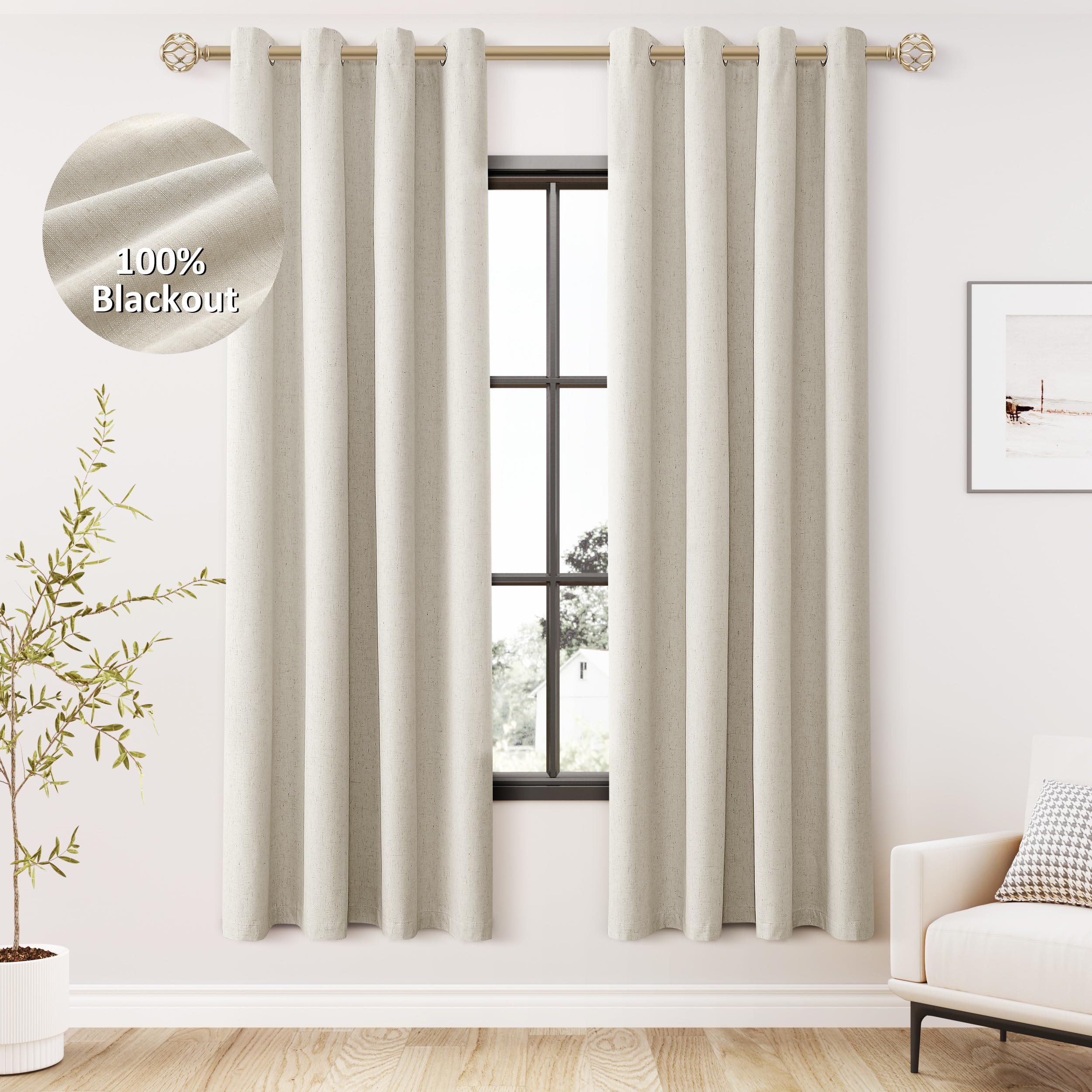 Jowels Natural Linen Blackout Curtains 72 Length 2 Panels Set For Living Room Bedroom, 100% Black Out Thermal Insulated Linen Dr