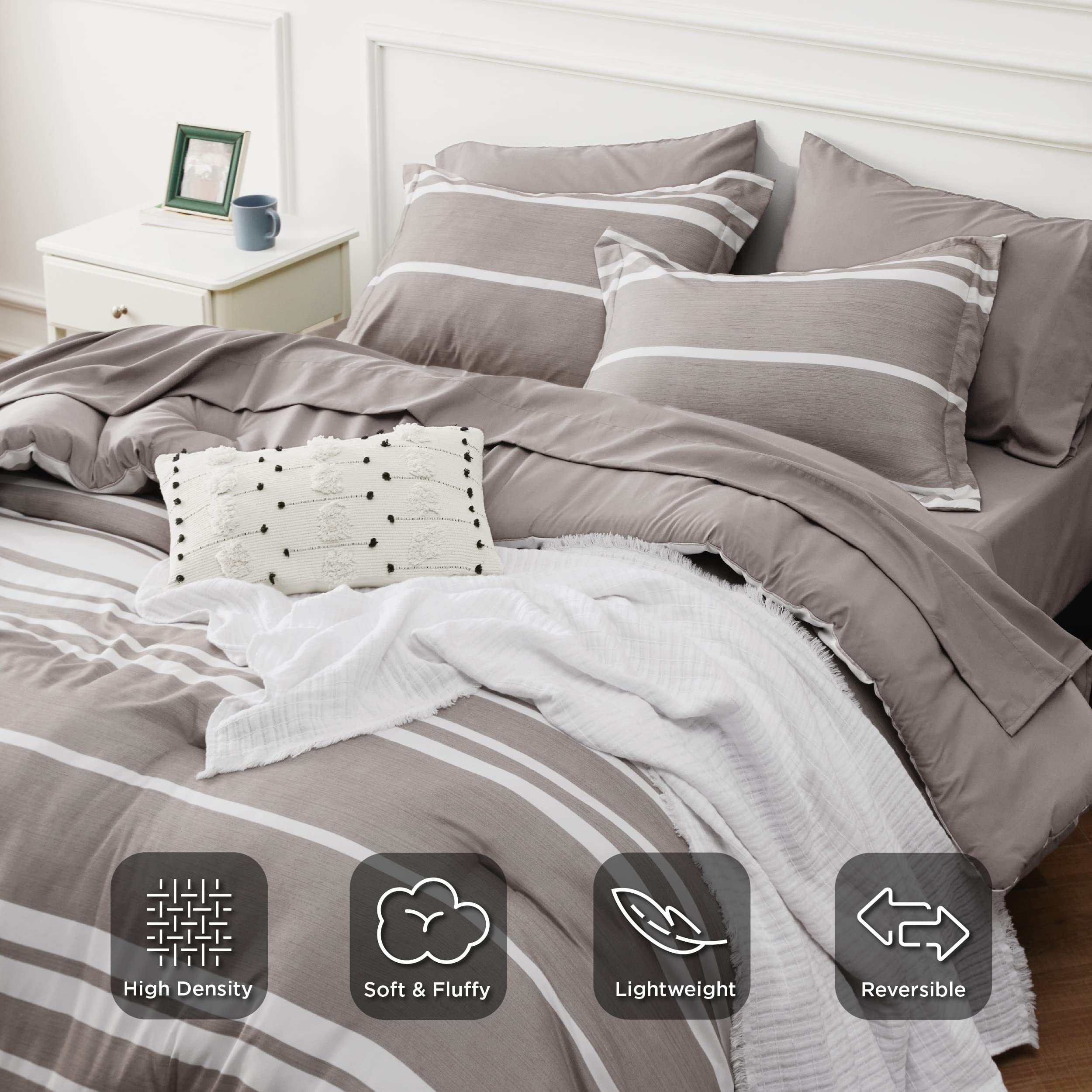 Bedsure Bed In A Bag Queen Size 7 Pieces, Warm Taupe White Striped Bedding Comforter Sets All Season Bed Set, 2 Pillow Shams, Flat Sheet, Fitted Sheet And 2 Pillowcases