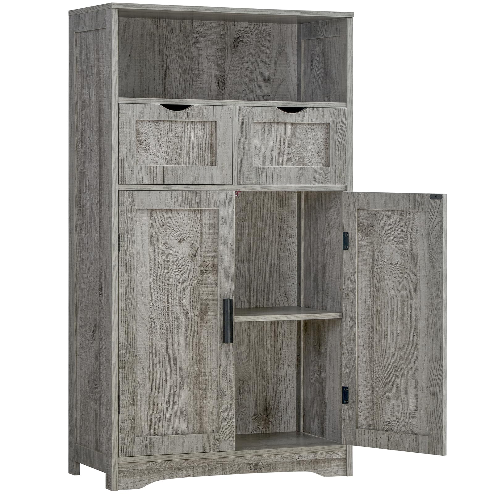 Iwell Bathroom Cabinet With 2 Drawers & 2 Adjustable Shelves, Storage Cabinet With Doors, Cupboard, Floor Cabinet For Living Room, Entryway, Home Office, Grey
