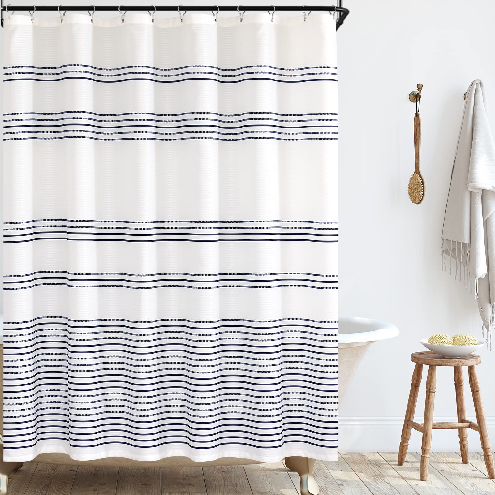 jinchan Fabric Striped Shower Curtain White and Navy Shower Curtain for Bathroom Modern Farmhouse Nautical Waterproof in Bath 70
