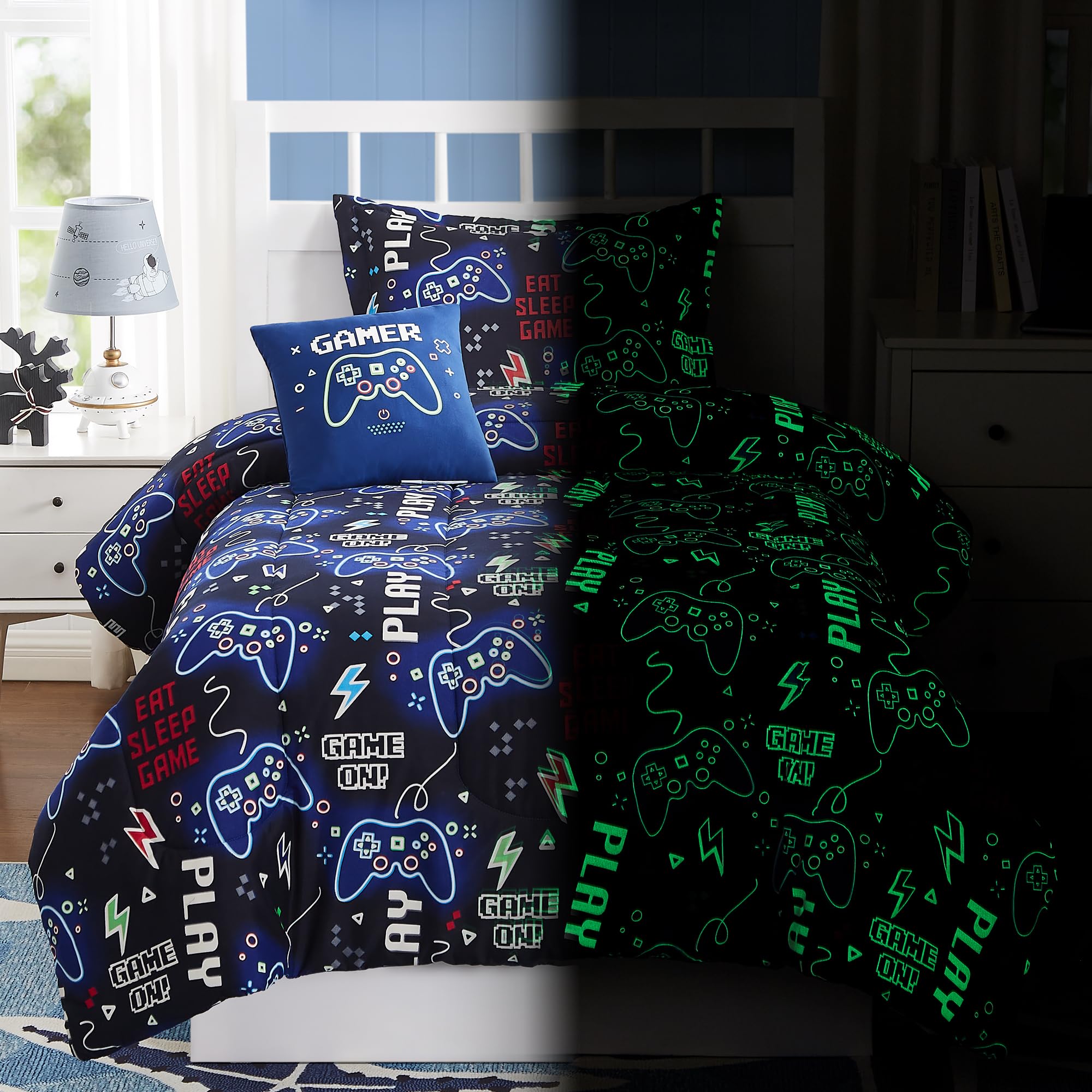 Kaleido Space Kids Comforter Set Twin Size For Boys, Glow In The Dark Black Gamer Bedding Set Twin-1 Twin Comforter, 1 Decor Pil