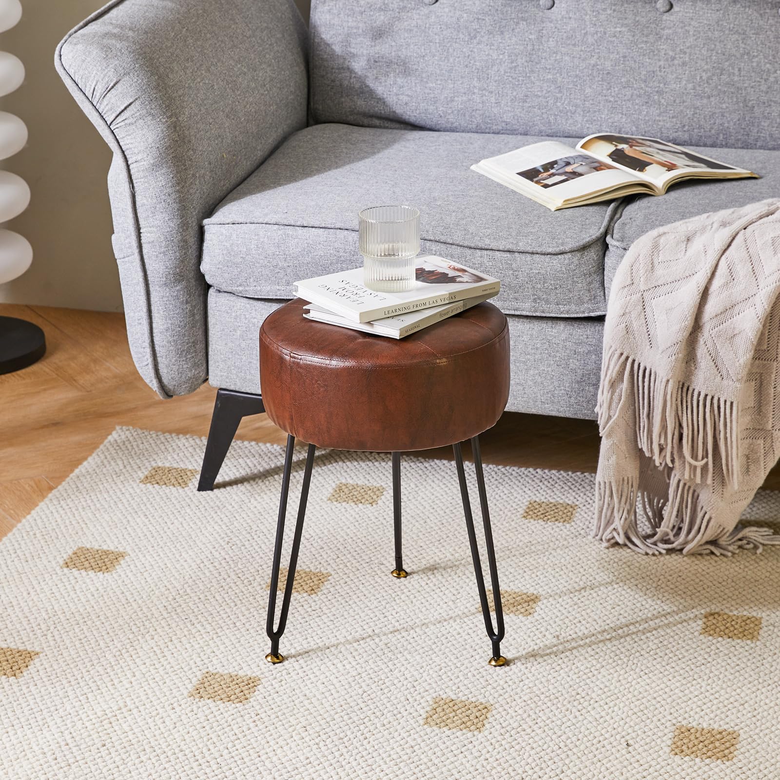 Ibuyke Faux Leather Round Footrest Stool, Makeup Vanity Stool Side Table, Pu Dressing Table Seat, Pouf Couch Stool, Golden Steel Legs, Dark Brown Lg-31Z