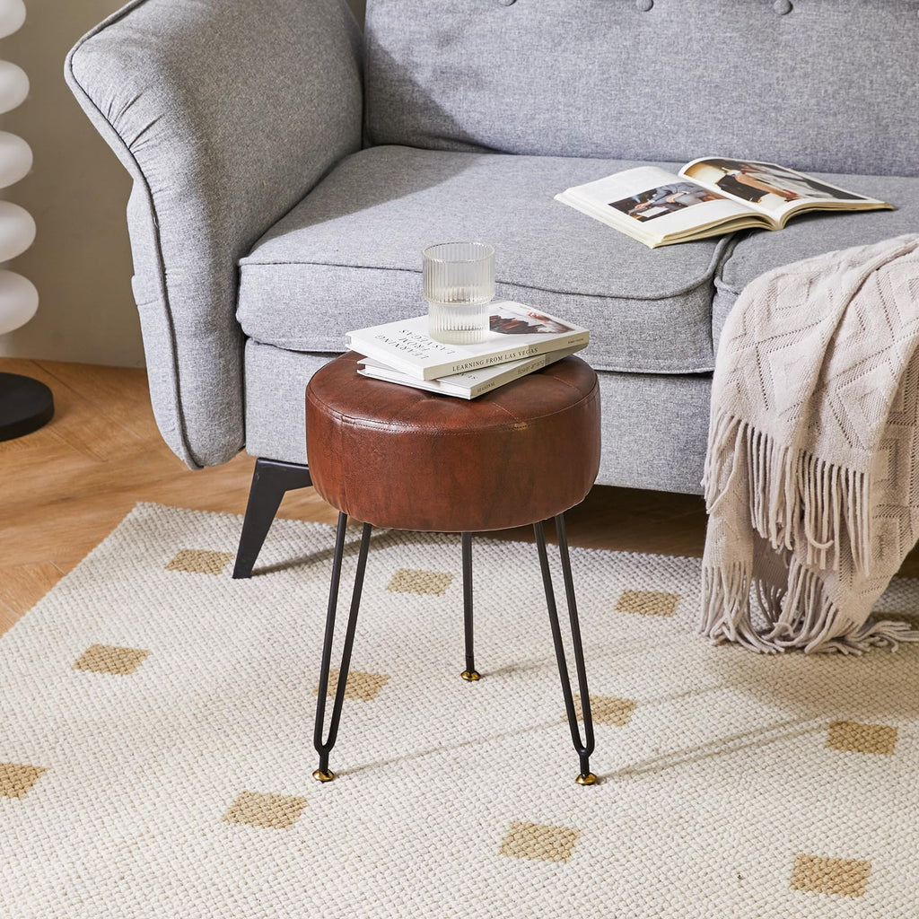 Ibuyke Faux Leather Round Footrest Stool, Makeup Vanity Stool Side Table, Pu Dressing Table Seat, Pouf Couch Stool, Golden Steel Legs, Dark Brown Lg-31Z