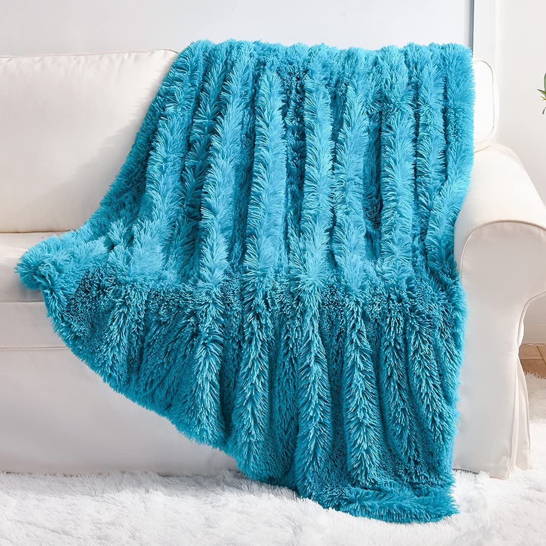 Yusoki Teal Faux Fur Throw Blanket,2 Layers,50' X 60', Turquoise Soft Fuzzy Fluffy Plush Furry Comfy Warm Blanket For Teens Gi