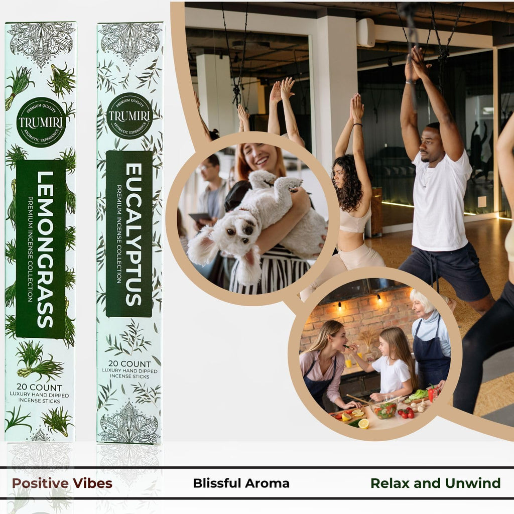 Trumiri Incense Sticks - Combo Pack Of 40 Insence-Sticks - 20 Lemongrass + 20 Eucalyptus - Insenses - Insents - Incents - Inscen