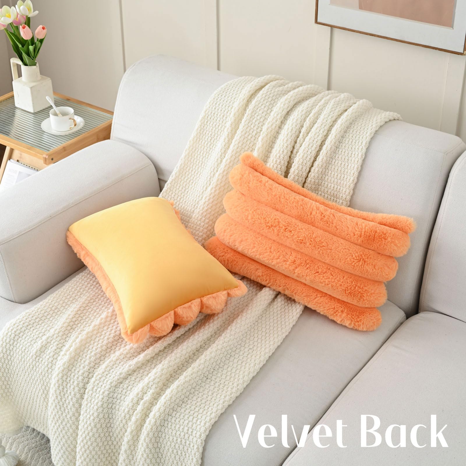 Futei Orange Decorative Throw Pillow Covers 12X20 Inch Set Of 2, Square Soft Faux Rabbit Fur Big Striped Cushion Cover,Home Deco