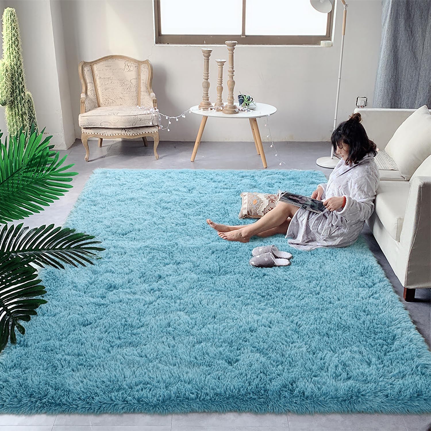 DweIke Fluffy Blue 6x9 Large Area Rugs for Living Room, Extra Large Rug for Living Room Decor, Big Shaggy Floor Rug, Soft Plush 