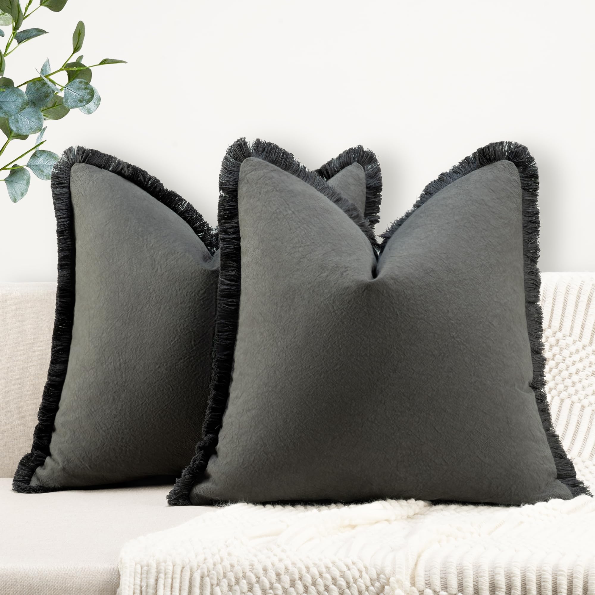 Zwjd Pillow Covers 18X18 Set Of 2 Dark Gray Throw Pillow Covers With Fringe Chic Cotton Decorative Pillows Square Cushion Covers
