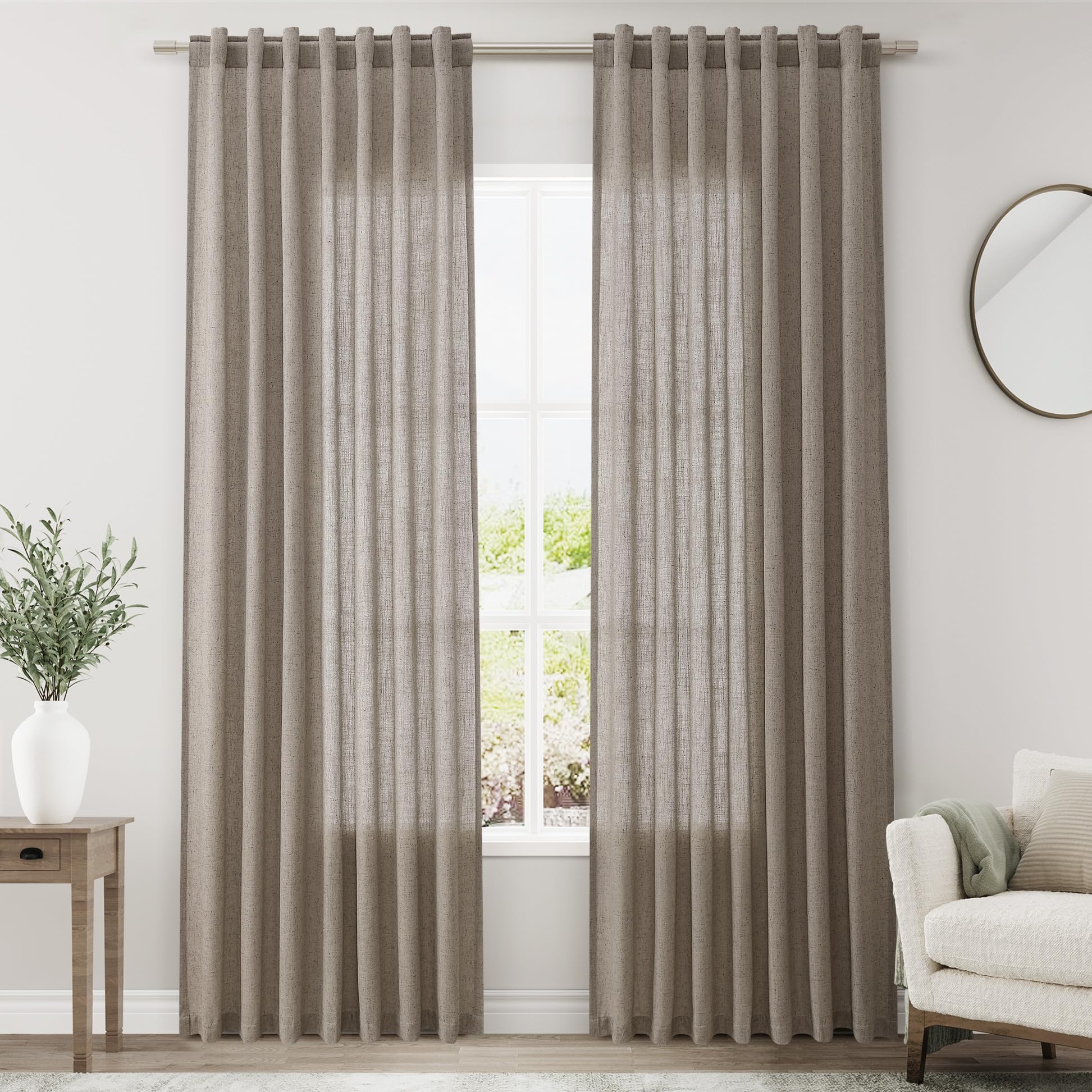 Nanspring Mocha Back Tab Linen Curtains For Living Room 2 Panels Set Semi Sheer Curtains For Dining Room 52X84