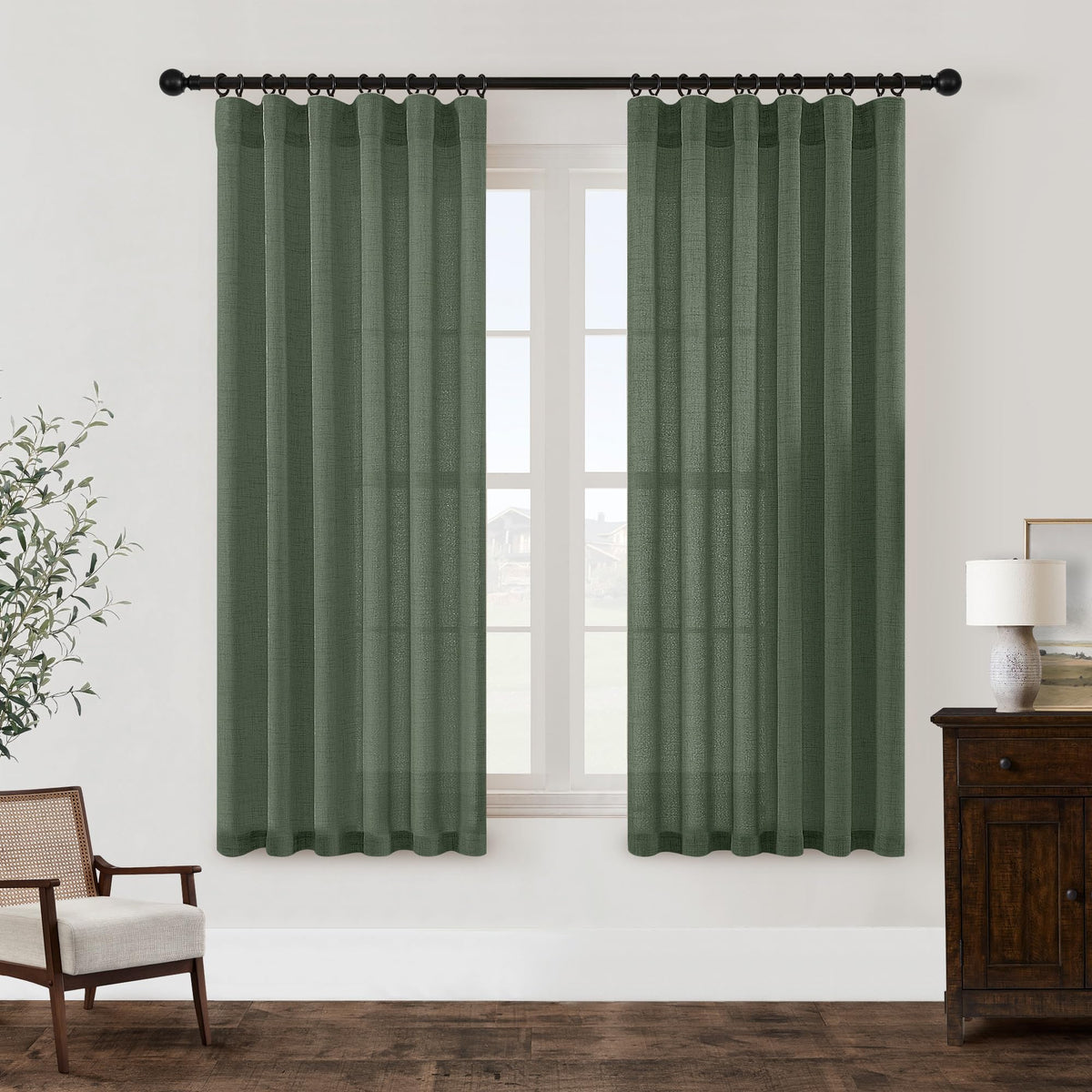 Dukiyo Olive Green Window Curtains 63 Inch Length For Living Dining Room Semi Sheer Boho Farmhouse Burlap Linen Curtain Rod Pock