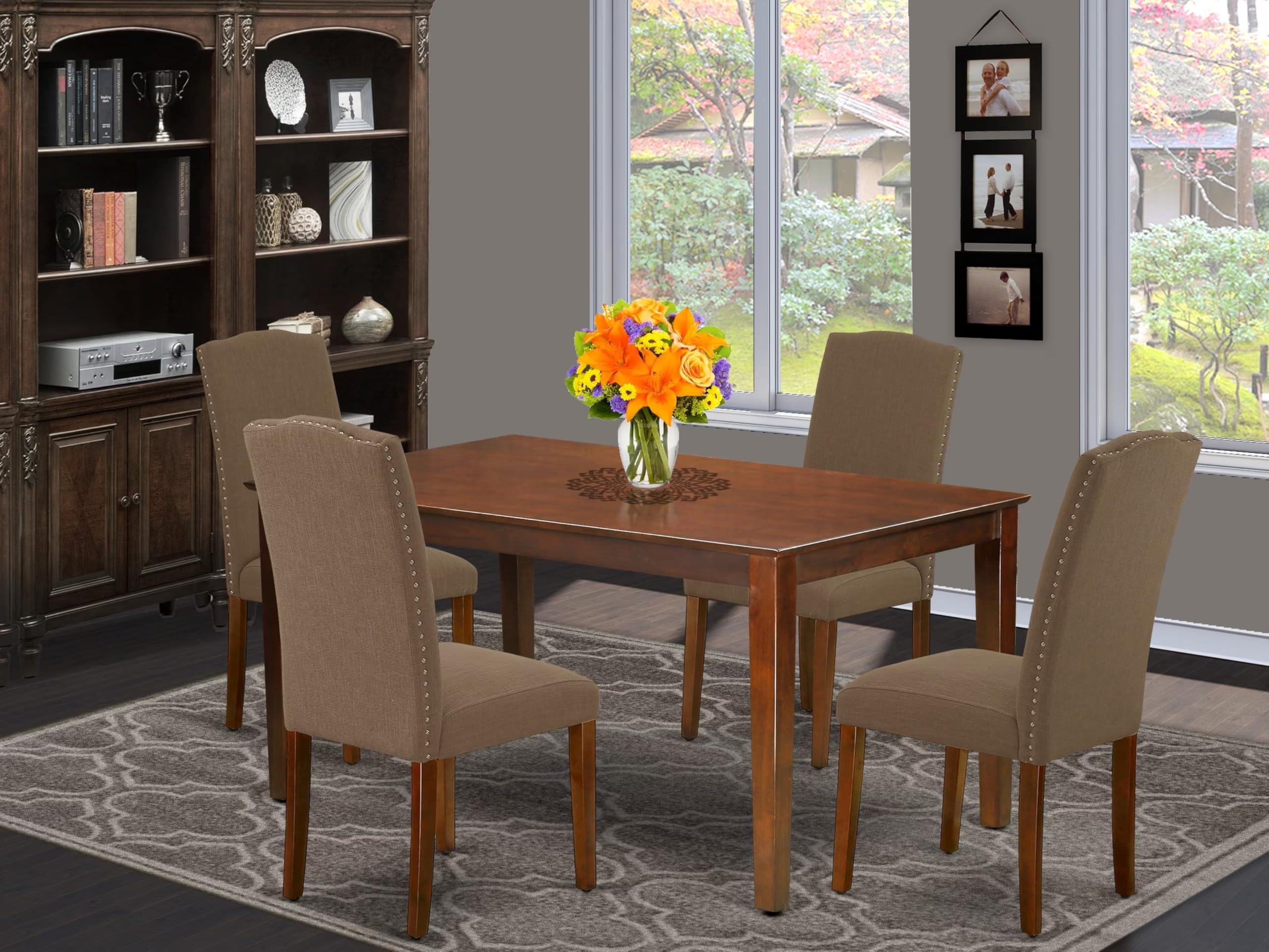East West Furniture Caen5-Mah-18 5 Piece Dinette Set Includes A Rectangle Dining Room Table And 4 Dark Coffee Linen Fabric Upholstered Parson Chairs, 36X60 Inch, Mahogany