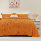 Chixpace Fluffy Queen Comforter Set - Furry Burnt Orange Leaves Pattern Faux Fur Bed Set, Winter Ultra Soft Fuzzy Comfort Set, V