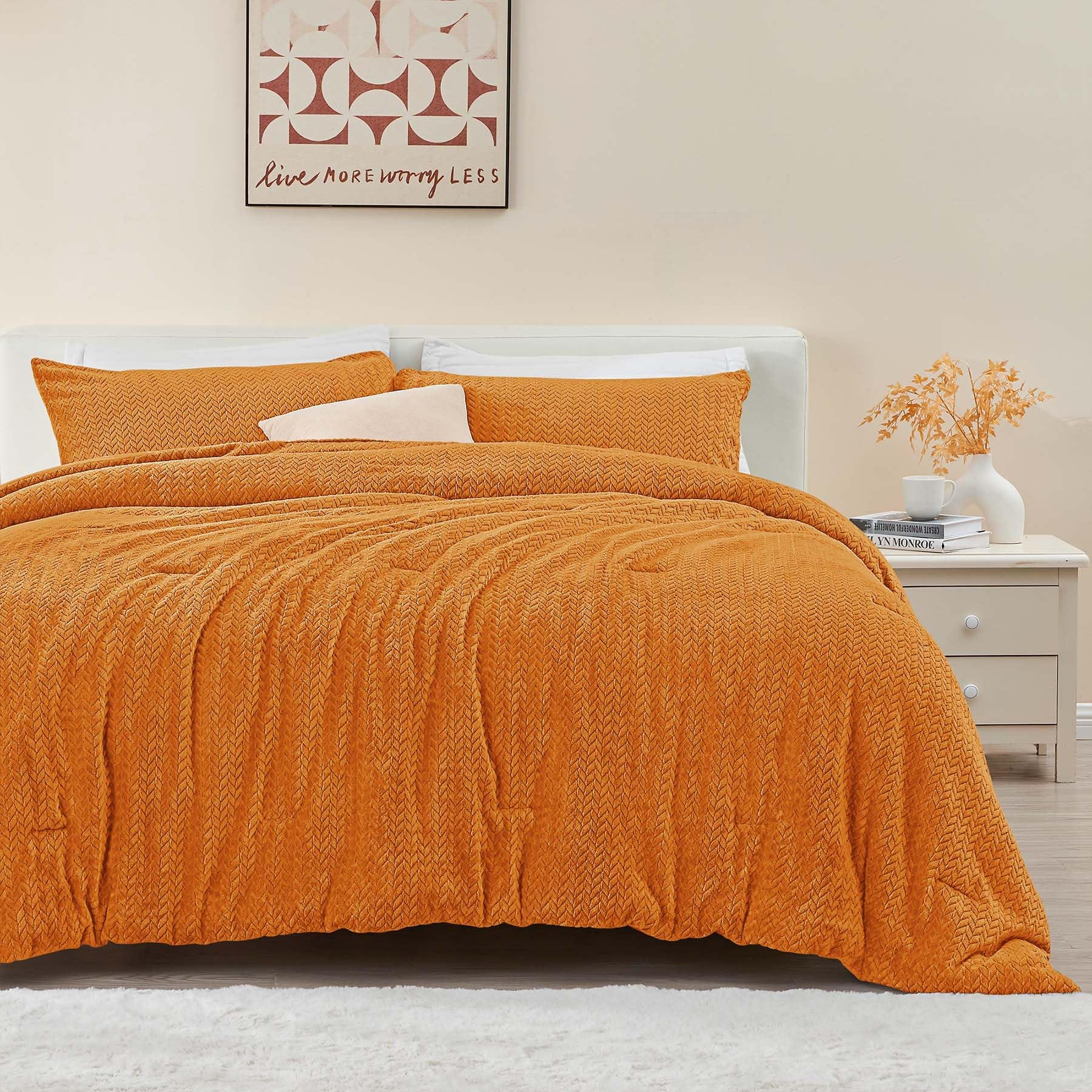 Chixpace Fluffy Queen Comforter Set - Furry Burnt Orange Leaves Pattern Faux Fur Bed Set, Winter Ultra Soft Fuzzy Comfort Set, V