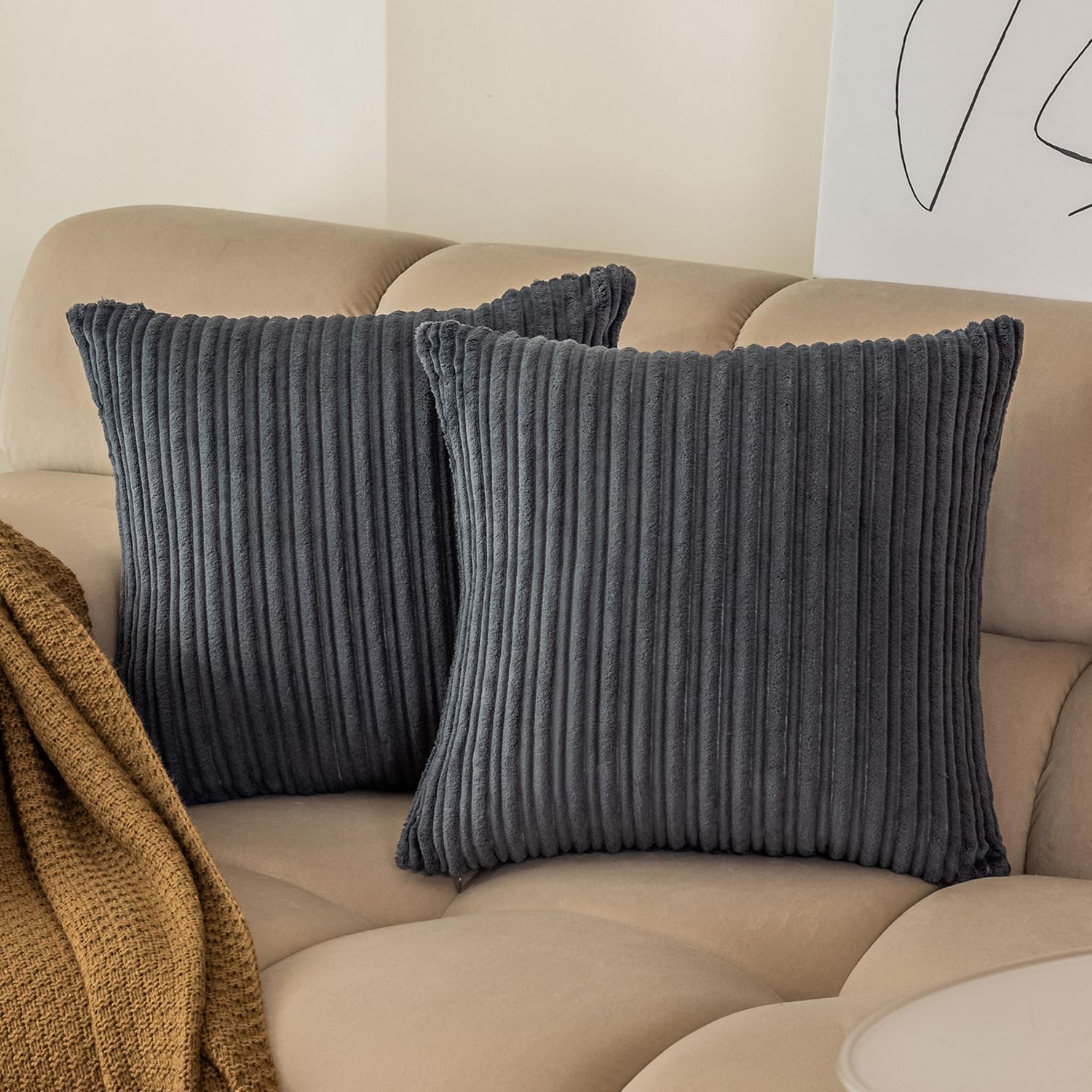 Kevin Textile Pack Of 2, Velvet Pillow Covers Striped, Soft Textured Throw Cushion Case Set, Accent Corduroy Pillowcases With Hi