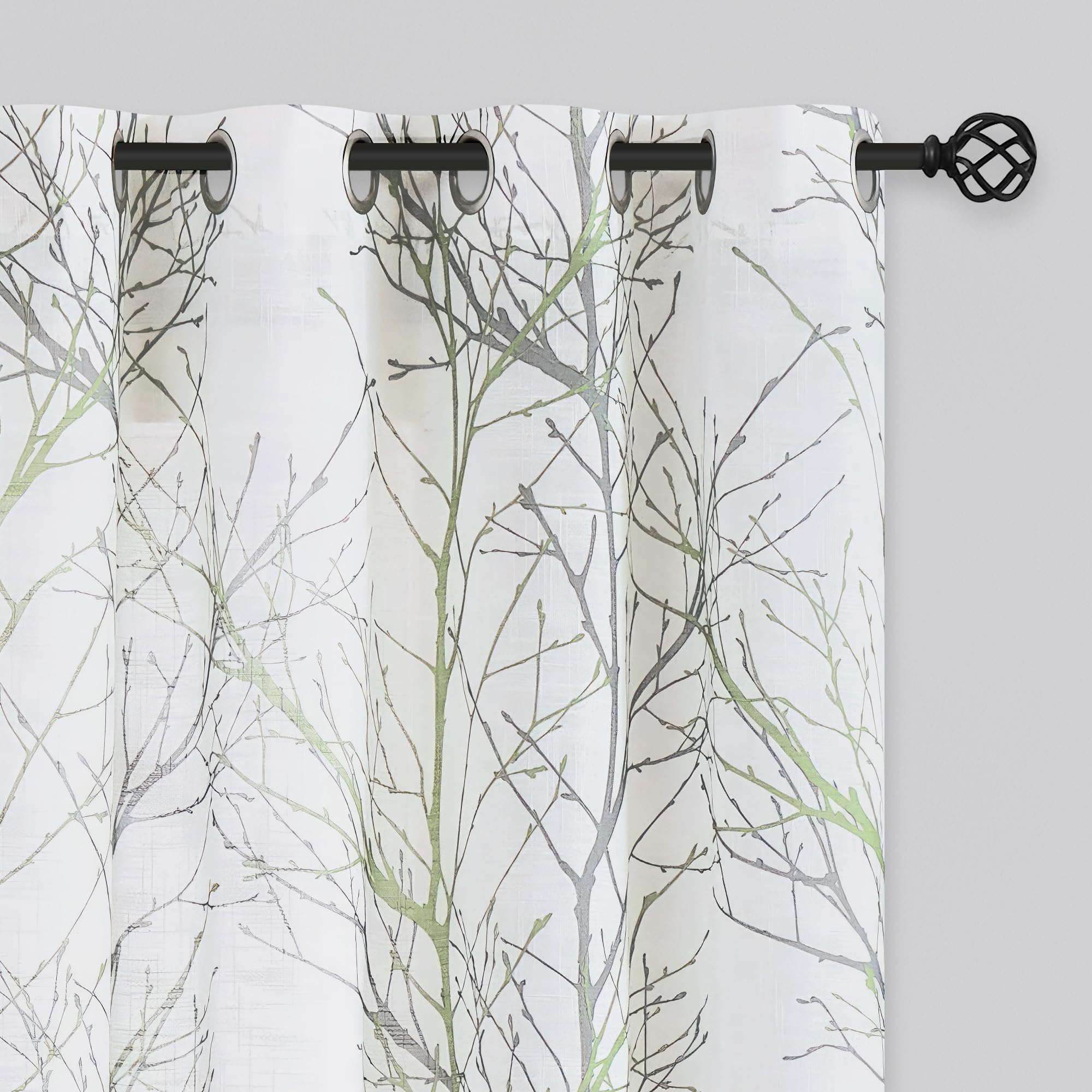 FMFUNCTEX Linen Semi Sheer Curtains for Bedroom, Sage Green White Curtains 63 Inches Long for Living Room, Grey Tree Branch Prin
