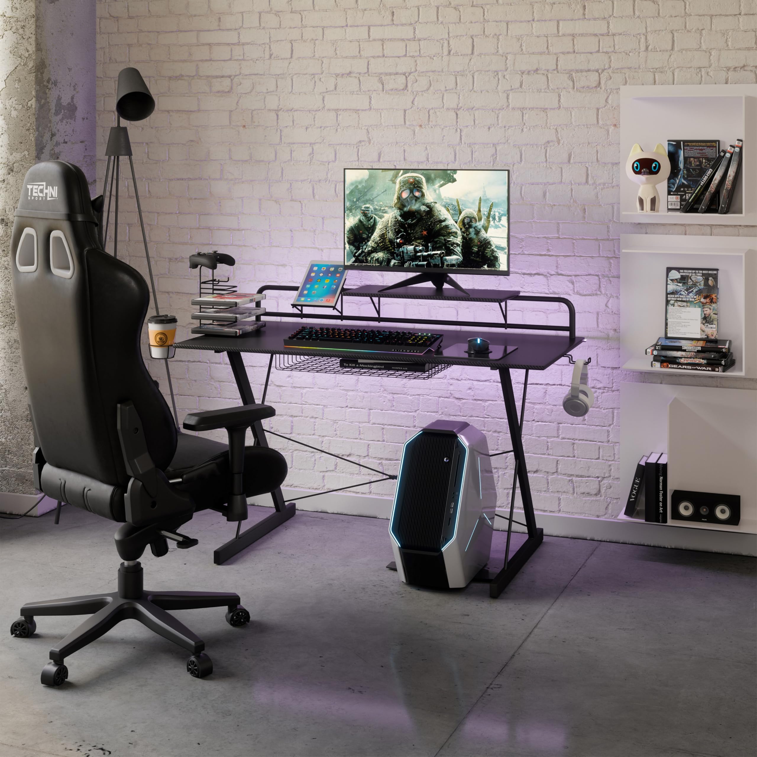 Techni Sport Gaming Desk - Two-Way Computer Desk With Elevated Monitor Stands, Cd Rack, Cup Holder, & Accessories Storage For A Complete Gaming Setup - Carbon Laminated With Durable Steel Frame
