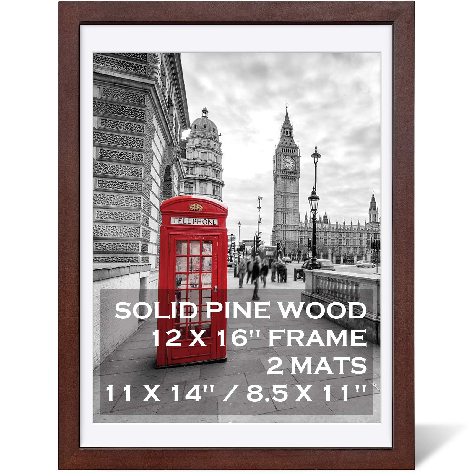 12x16 Picture Frames Dark Cherry Made of Solid Wood Display Pictures 11X14 Inch or 8.5x11 with Mat or 12x16 Inch without Mat for
