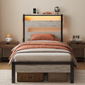 Bestier Twin Bed Frame with Storage Headboard and Charging Station, Grey Platform Bed Frame with LED Light, Non-Slip Metal Bed F