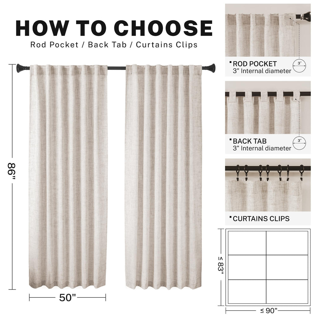Meetbily 86 Inch Curtains Semi Sheer Linen Drapes For Living Room 2 Panels Light Filtering Back Tab Farmhouse Traditional Boho A