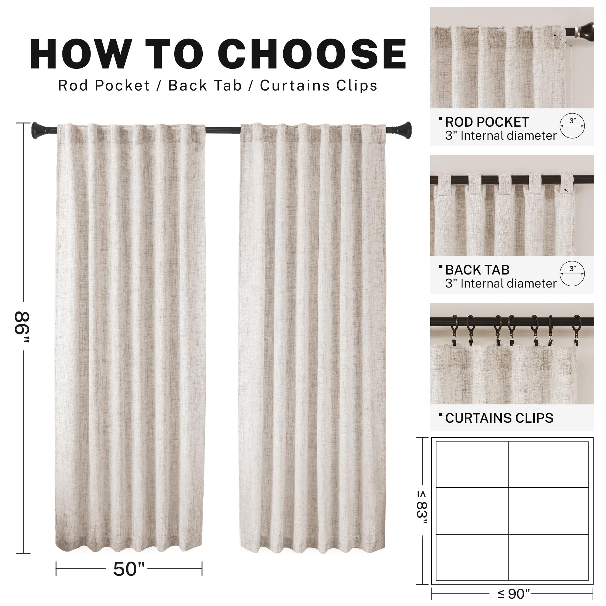Meetbily 86 Inch Curtains Semi Sheer Linen Drapes For Living Room 2 Panels Light Filtering Back Tab Farmhouse Traditional Boho A