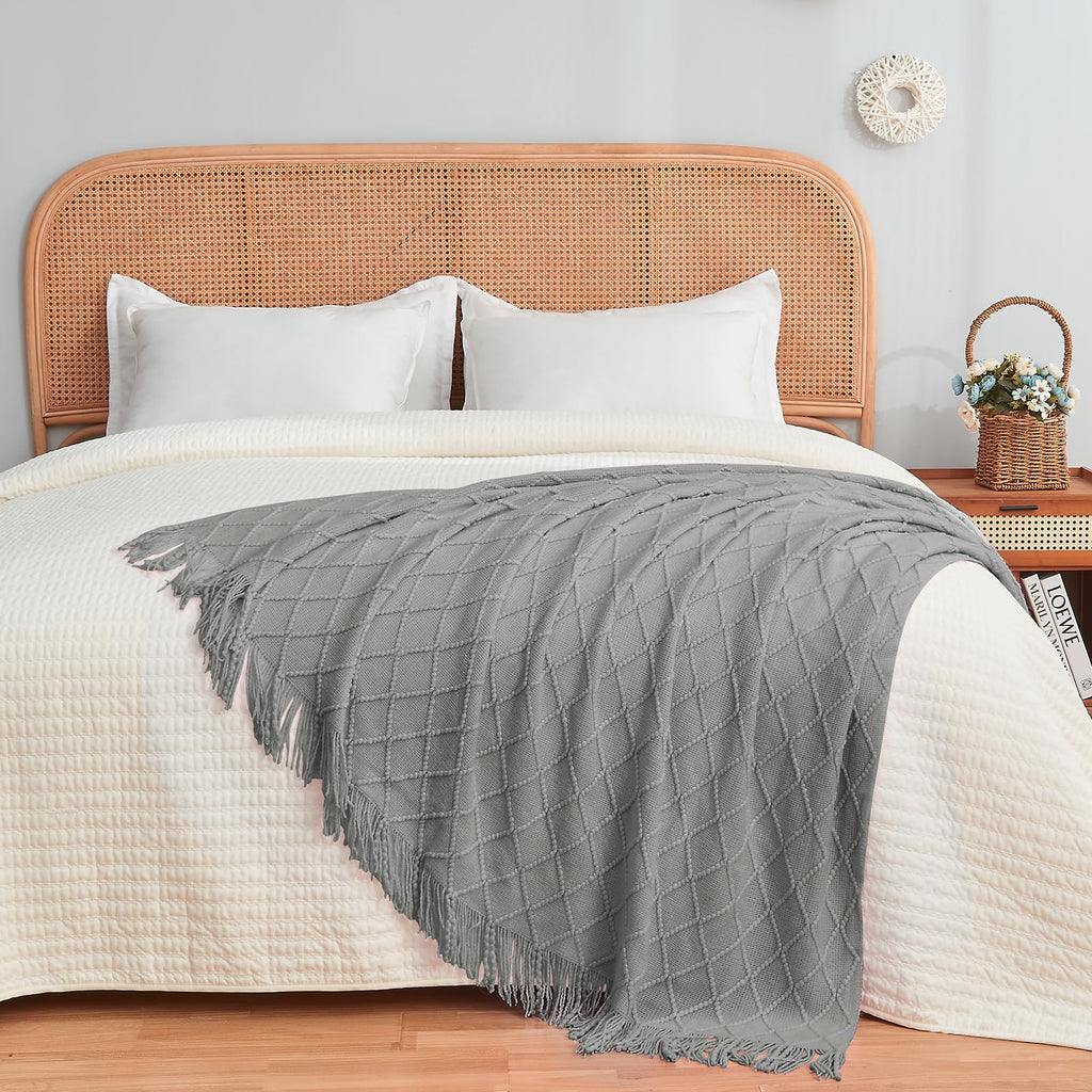 Inhand Knitted Throw Blankets For Couch And Bed, Soft Cozy Knit Blanket With Tassel, Light Grey Lightweight Decorative Blankets