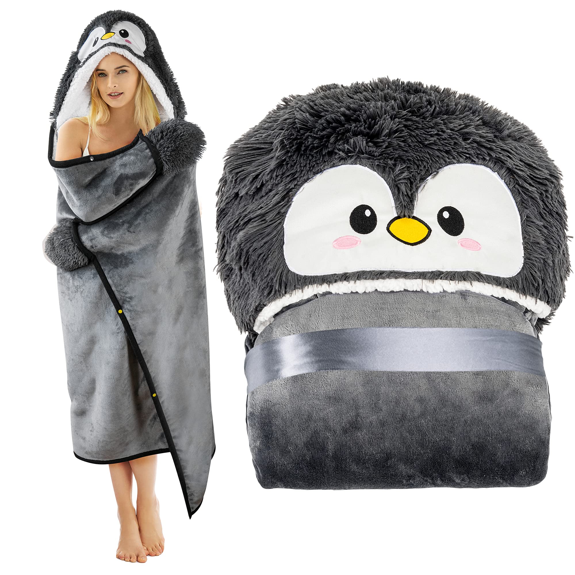 Penguin Wearable Hooded Blanket For Adults - Fuzzy Super Soft Warm Cozy Plush Flannel Fleece & Sherpa Hoodie Throw Cloak Wrap -