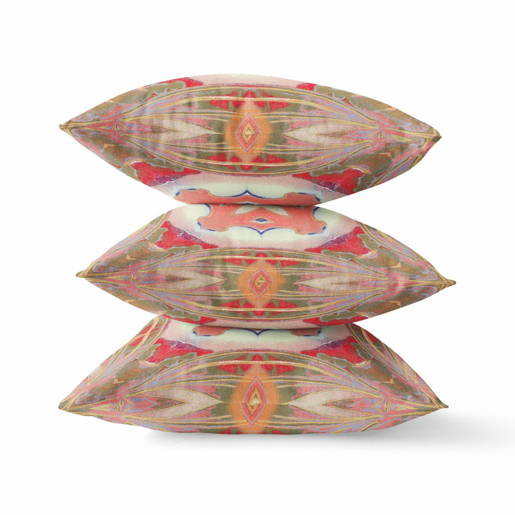 HomeRoots Muted Green Pink Peach Red 18â€ Peach Green Geo Tribal Suede Throw Pillow