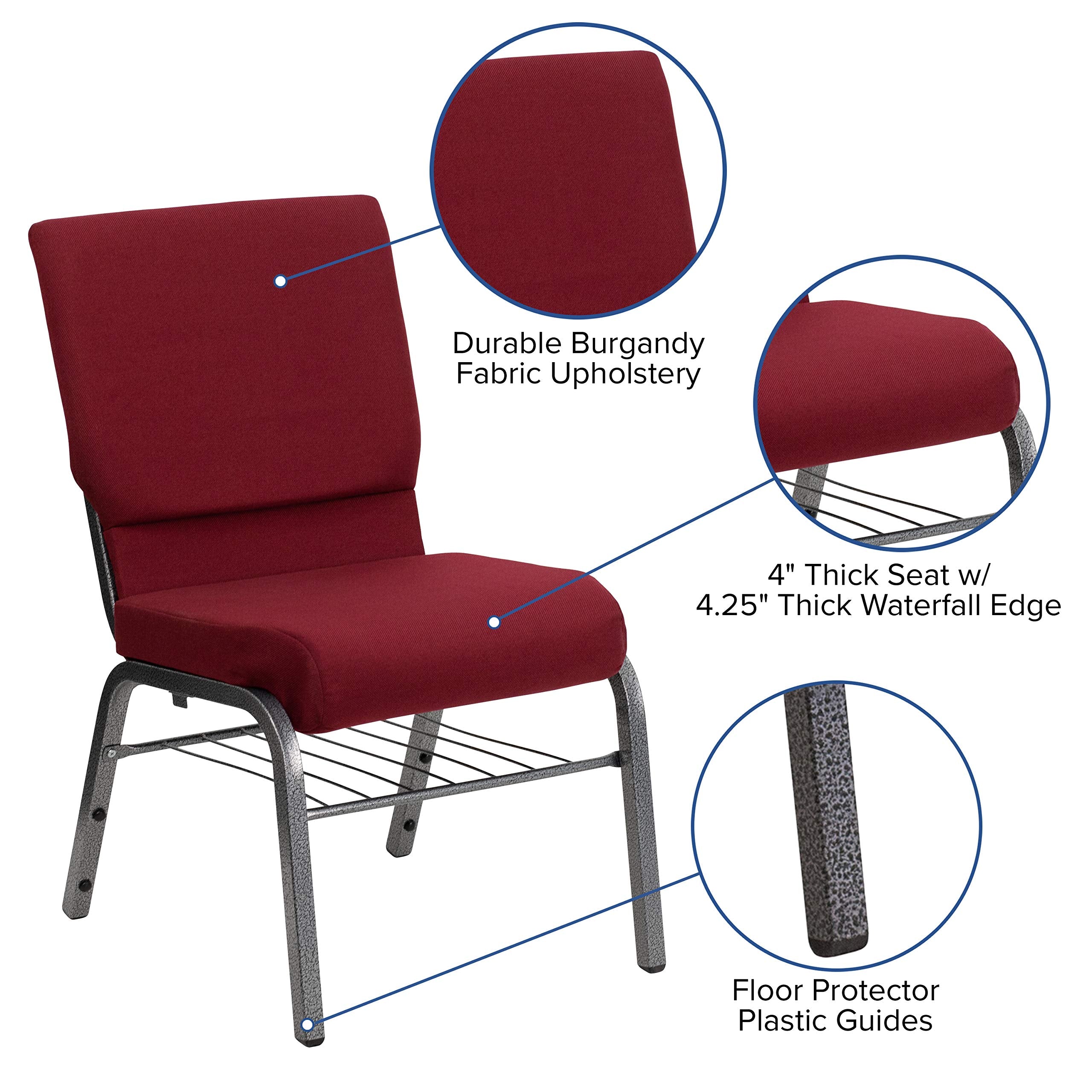 Flash Furniture HERCULES Series 18.5''W Church Chair in Burgundy Fabric with Book Rack - Silver Vein Frame