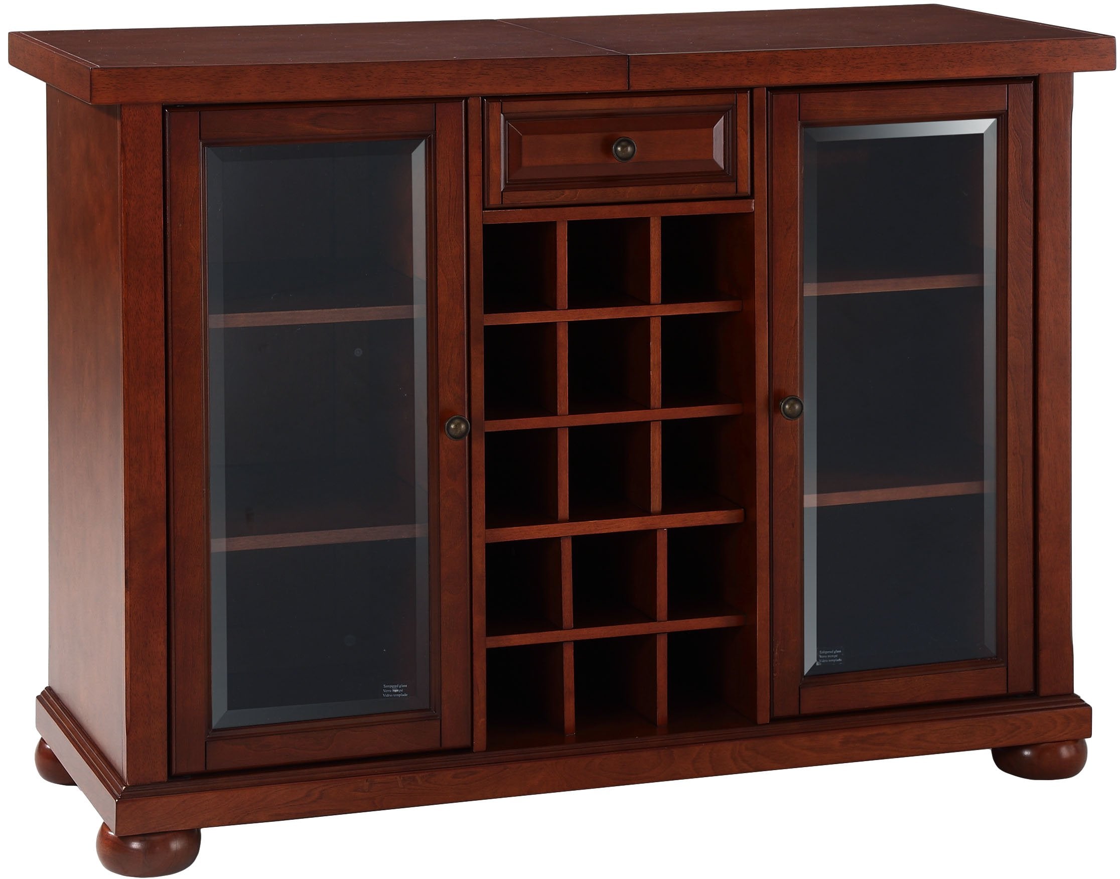 Crosley Furniture Alexandria Sliding Top Bar Cabinet With Storage Shelves, Drawer, And Wine Rack, Vintage Mahogany