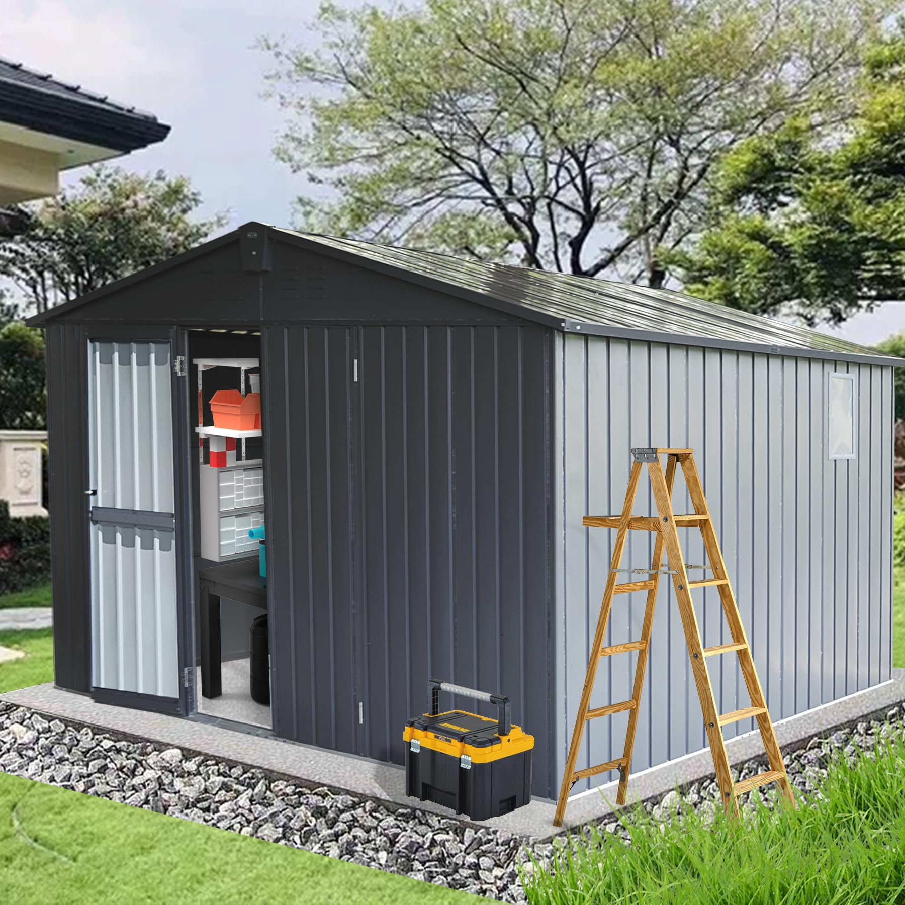 Domi Backyard Storage Shed 11 X 12.5 With Galvanized Steel Frame & Windows, Outdoor Garden Shed Metal Utility Tool Storage Room