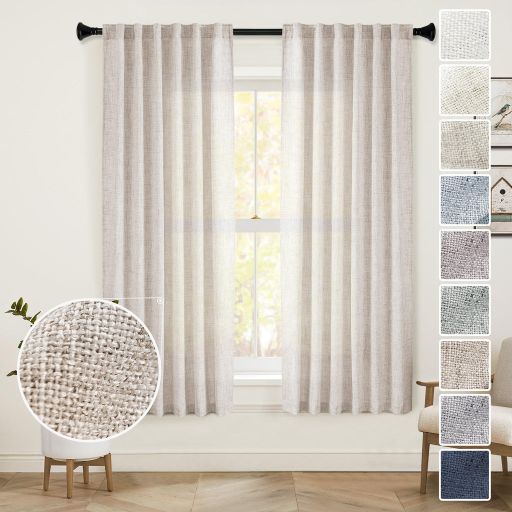 MEETBILY 63 Inch Length Linen Back Tab Curtains for Living Room 2 Panels Natural Light Filtering Semi Sheer Boho Curtain Drapes 