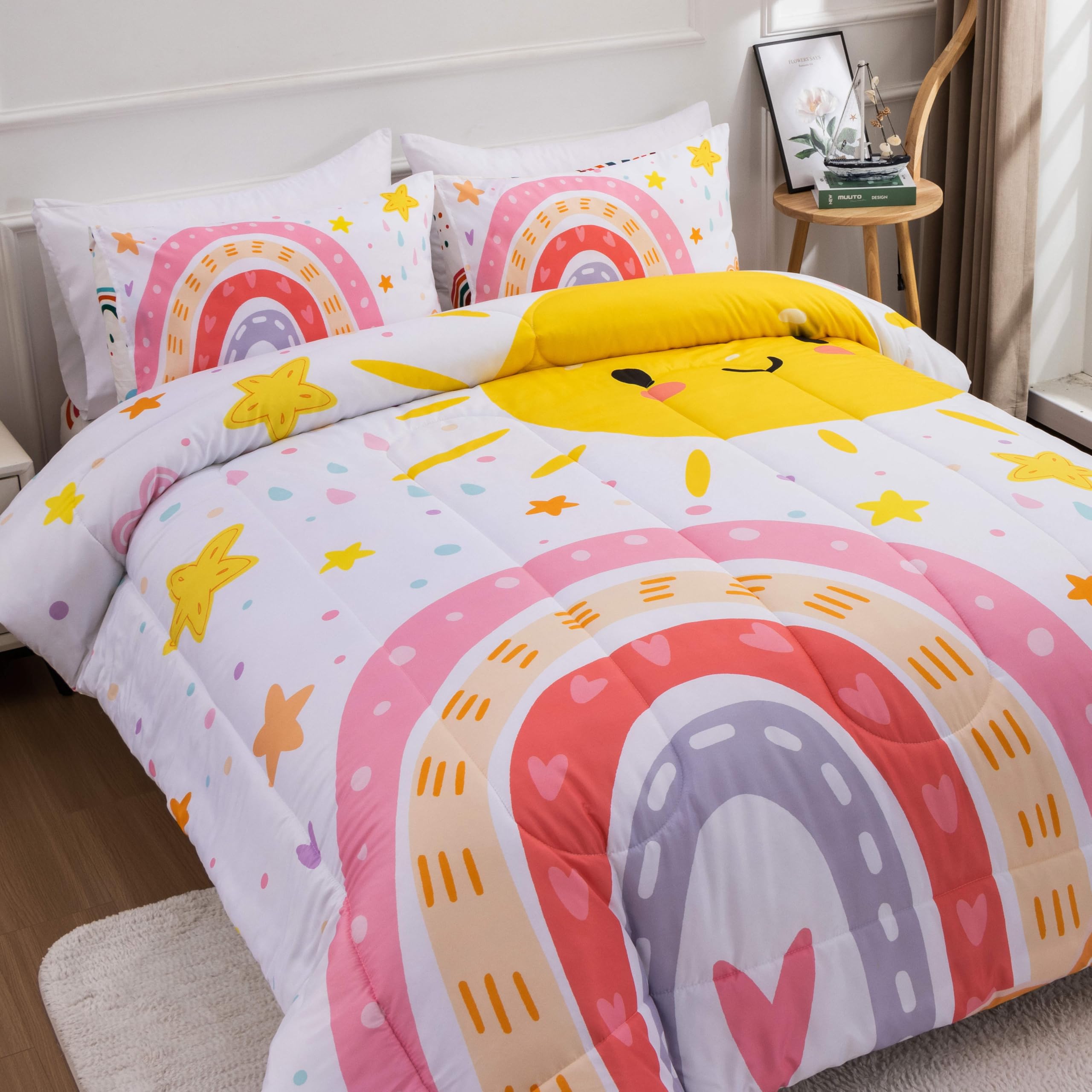 Btargot Lightweight Soft 3 Piece Rainbow Comforter Set With 2 Pillow Covers, Cartoon Love Hearts Flowers And Sun Star Bedding Se