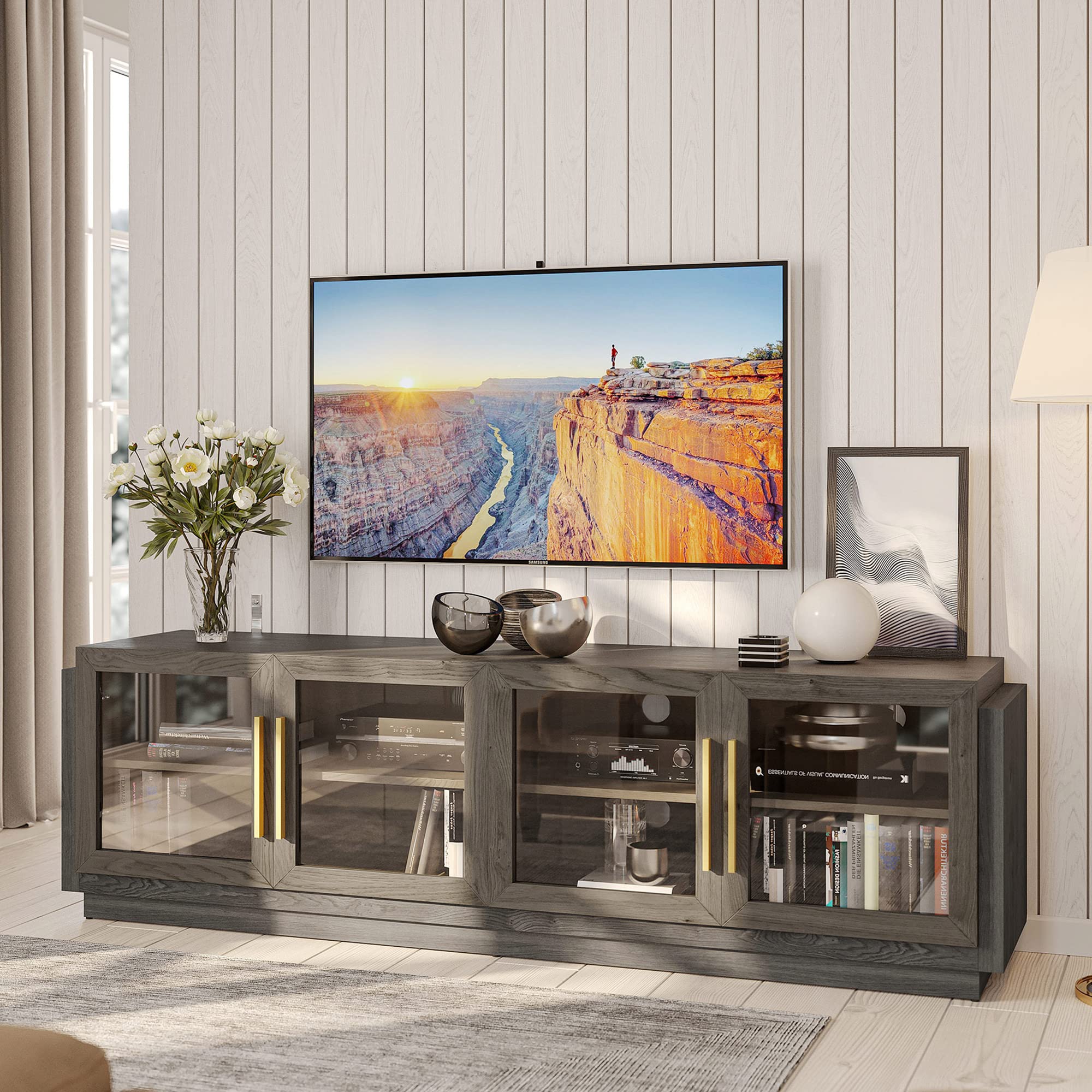 BELLEZE 70 TV Stand for TVs up to 75, Modern TV Cabinet & Entertainment Center with Shelves, Wood Storage Cabinet for Living Roo