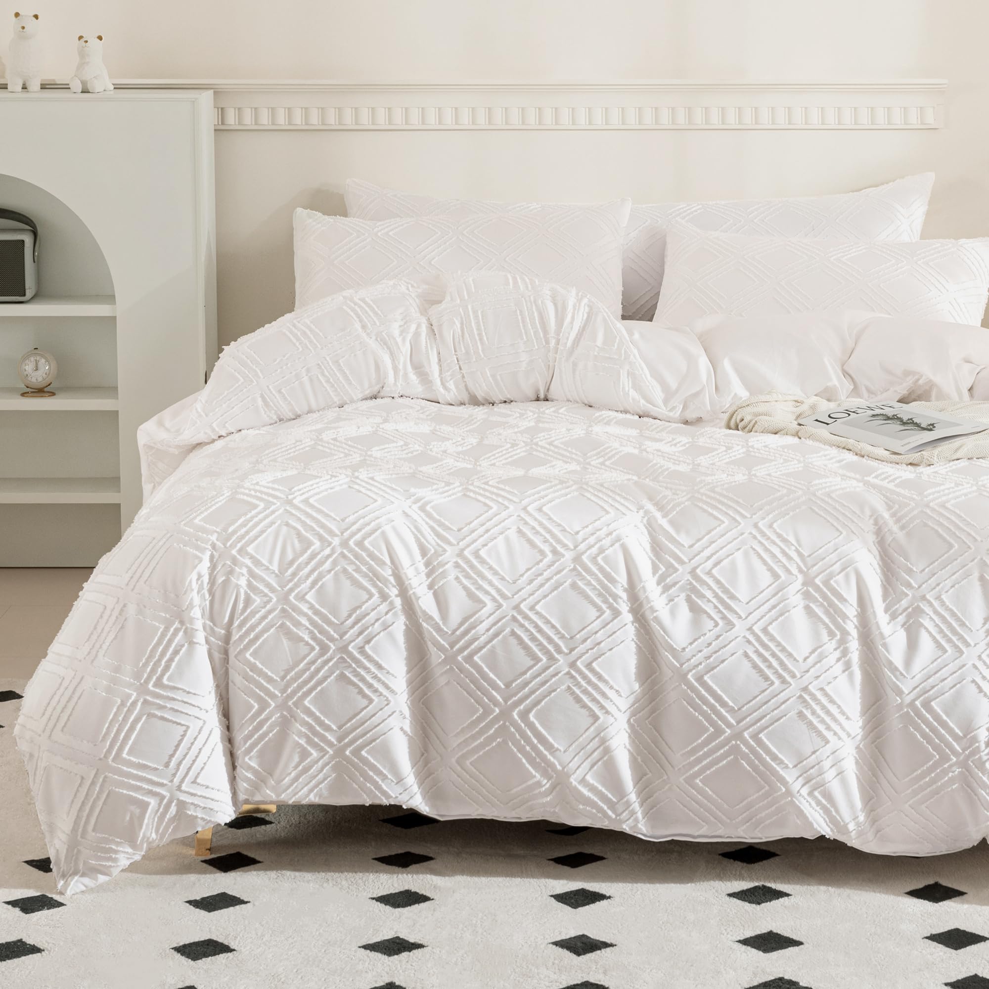 Jellymoni Ultra-Soft Microfiber 3Pc Tufted Duvet Cover Set, White Boho Textured Bedding Cover Jacquard Rhombus Geometric Pattern