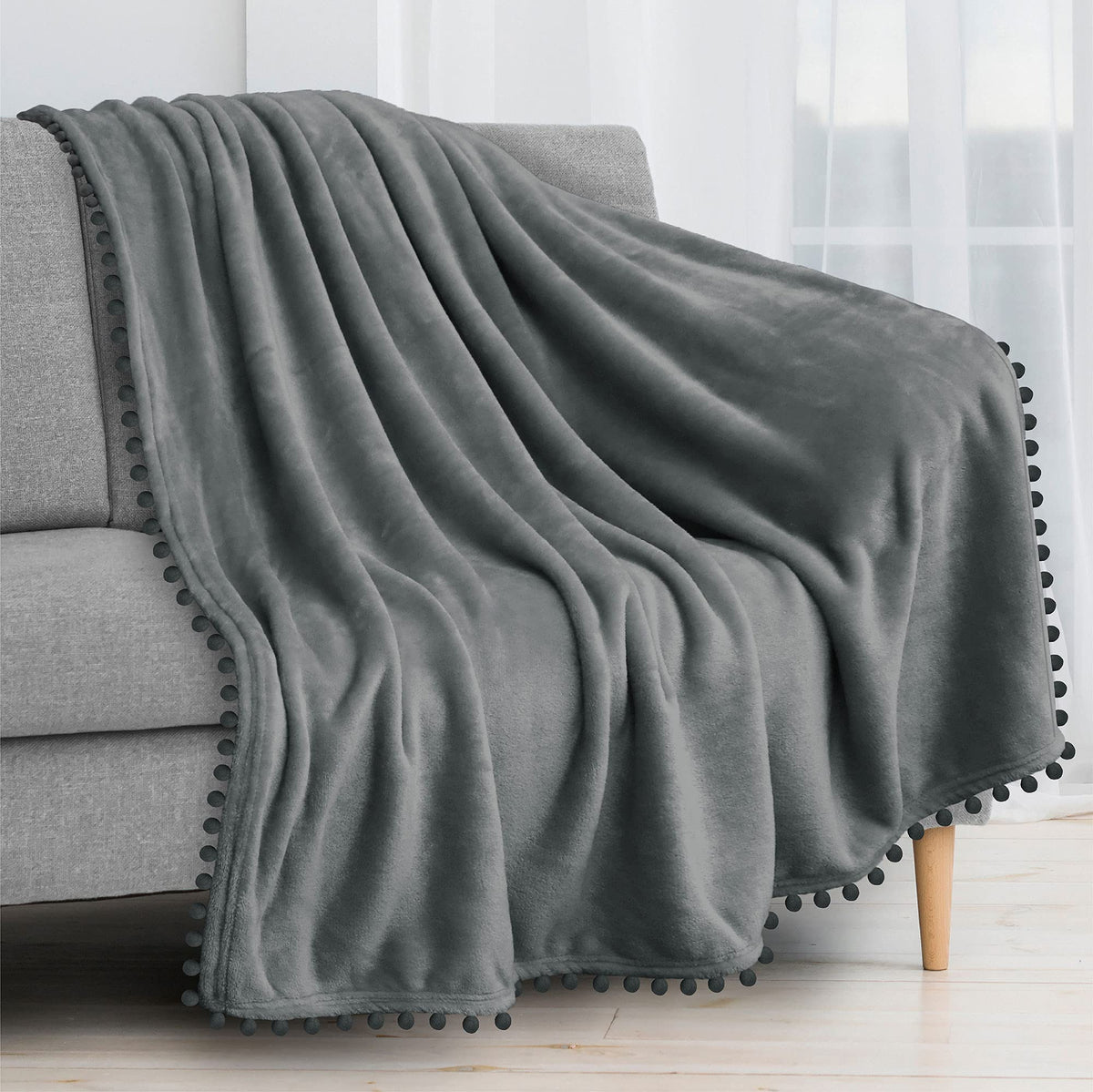 Pavilia Pom Pom Blanket Throw, Dark Gray | Soft Fleece Pompom Fringe Blanket For Couch Bed Sofa | Decorative Cozy Plush Warm Fla