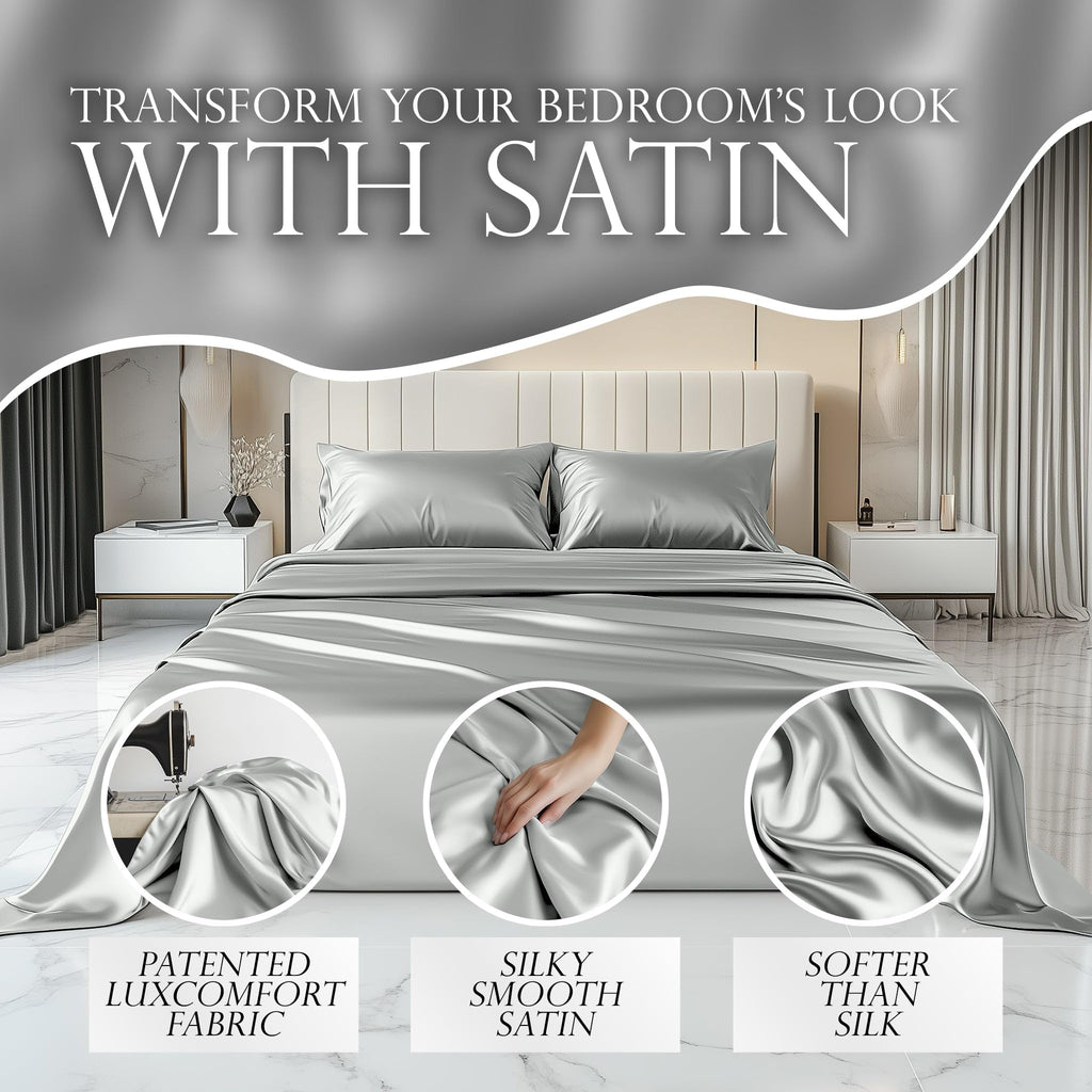 Decolure Satin Sheets Queen Set 6Pcs - Genuine And Luxurious Silk Touch Satin Sheets Queen W/Deep Pocket - Elegant All-Season Si
