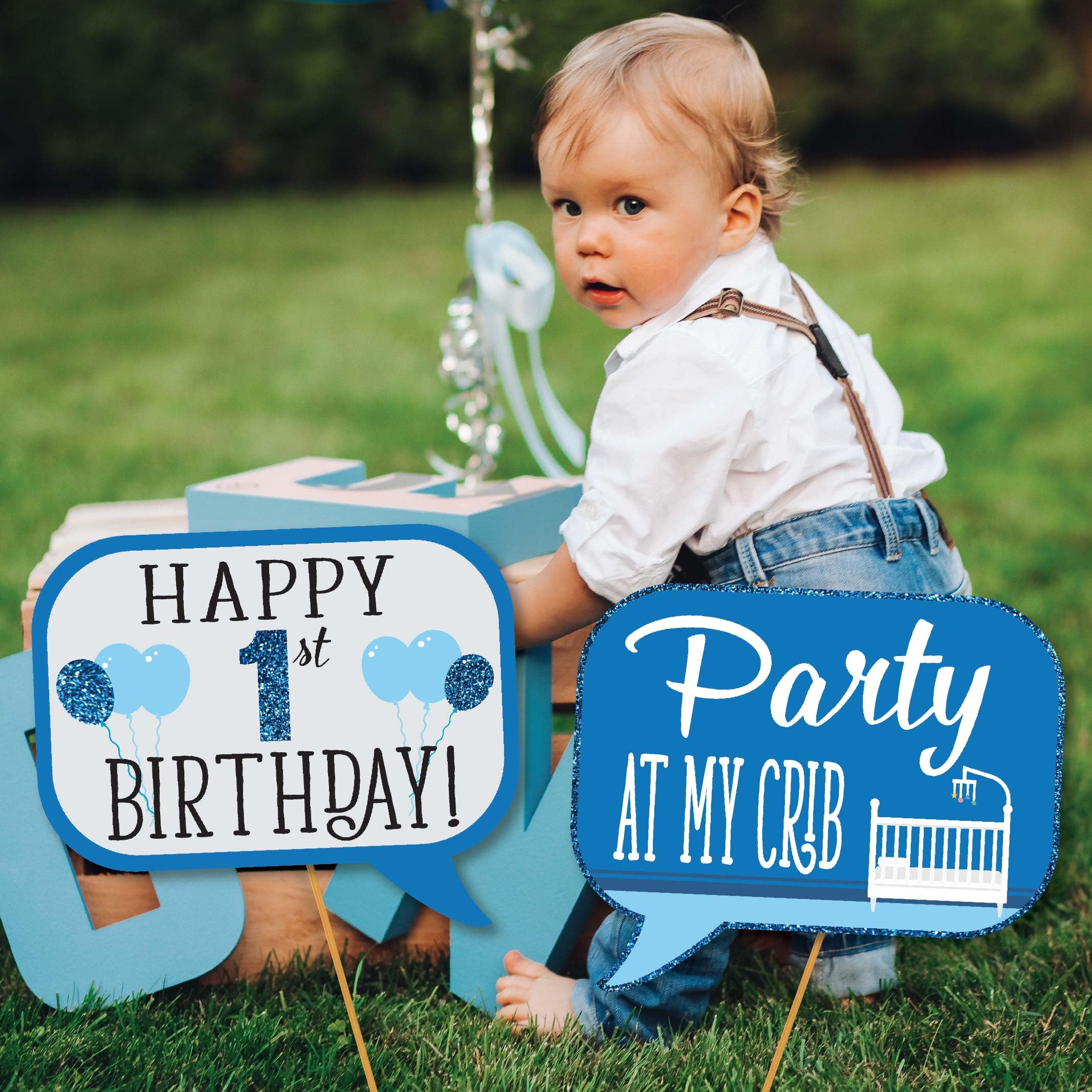 1St Birthday Boy Photo Booth Props - 41-Pc Photobooth Kit With 8 X 10-Inch Sign, 60 Adhesive Pads, 45 Sticks - Photo Booth Props