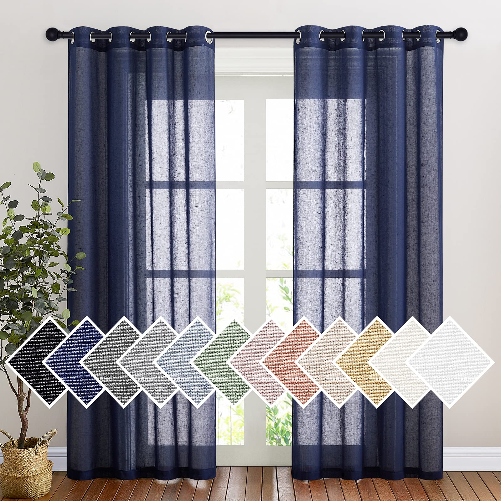 Nicetown Linen Textured Sheer Bedroom Window Curtains, Grommet Semitransparent Vintage Natural Open Linen Wave Privacy Sheer Dra