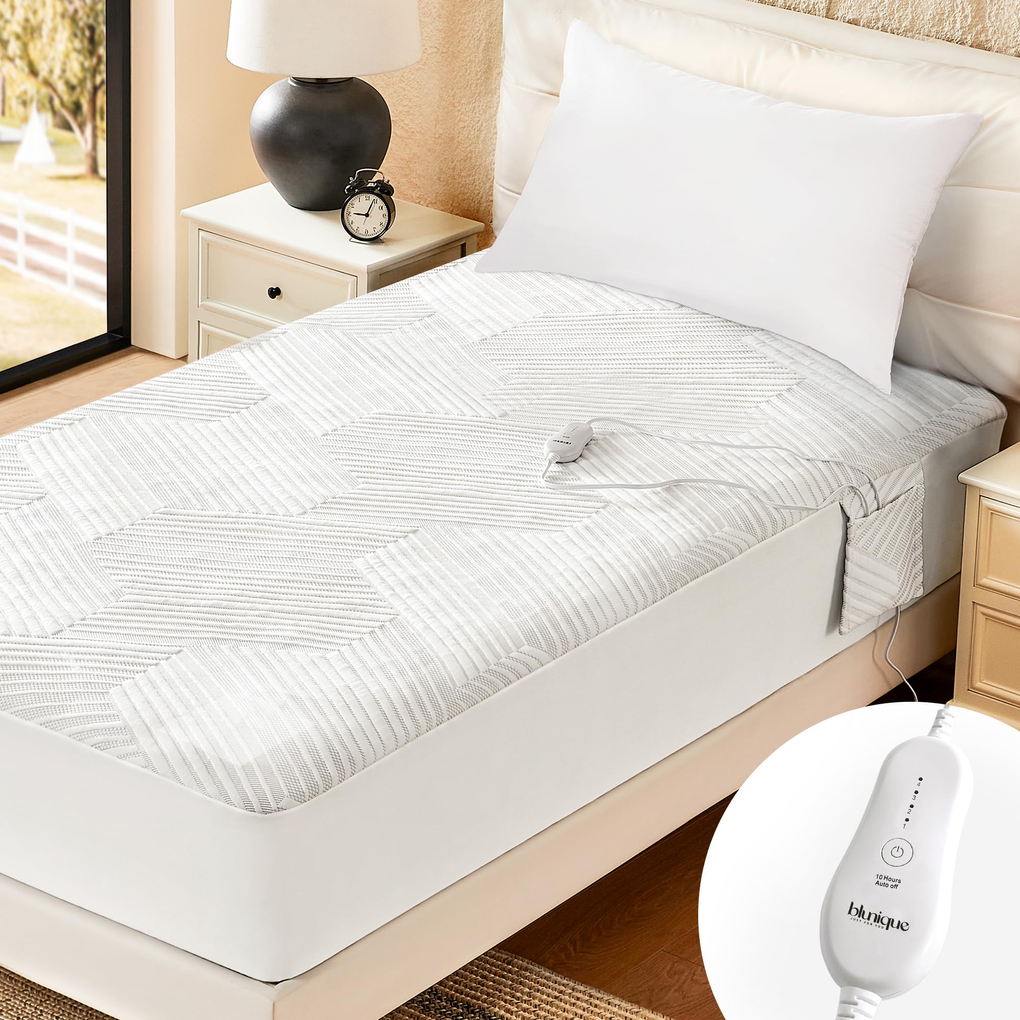 Blunique Electric Heated Mattress Pad Twin Size Single Control Bed Warmer, Deep Pocket, Side Storage Pouch For Controller, Machi