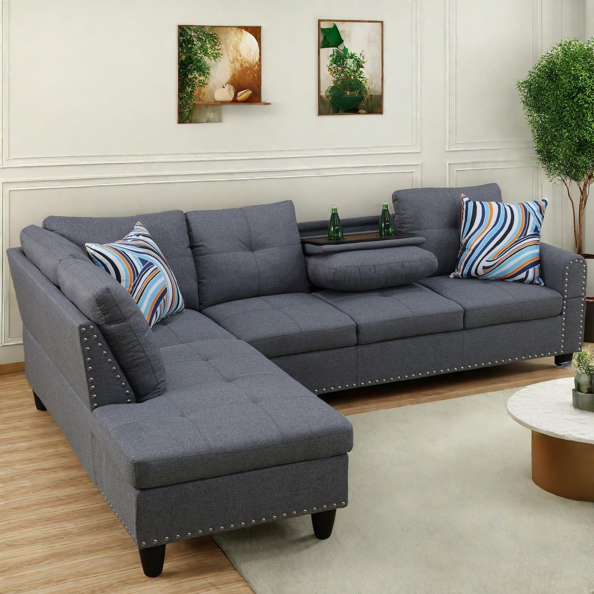 Fontoi L Shaped Sectional Couch Sofa, Modern Nail-Head Design Sectional Sofa For Living Room, 4 Seat L Couch With Cup Holder For