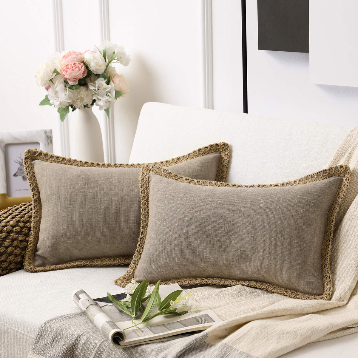 Phantoscope Pack Of 2 Farmhouse Decorative Throw Decorative Pillow Cover Burlap Linen Trimmed Tailored Edges Beige, Plain, 12 X