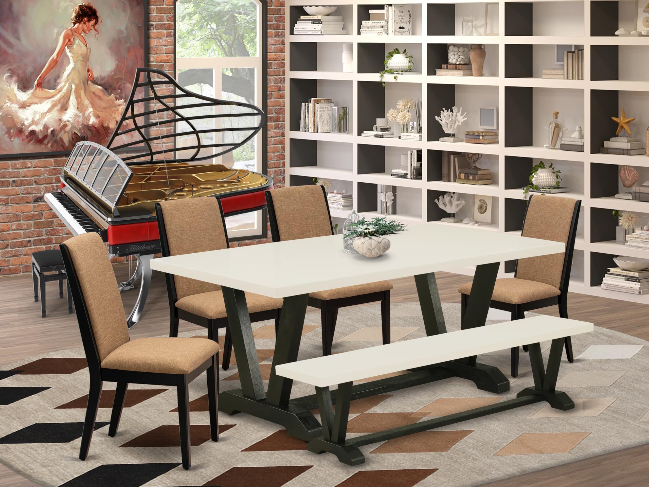 East West Furniture V627La147-6 6 Piece Modern Dining Table Set Contains A Rectangle Wooden Table And 4 Light Sable Linen Fabric Upholstered Chairs With A Bench, 40X72 Inch, Multi-Color