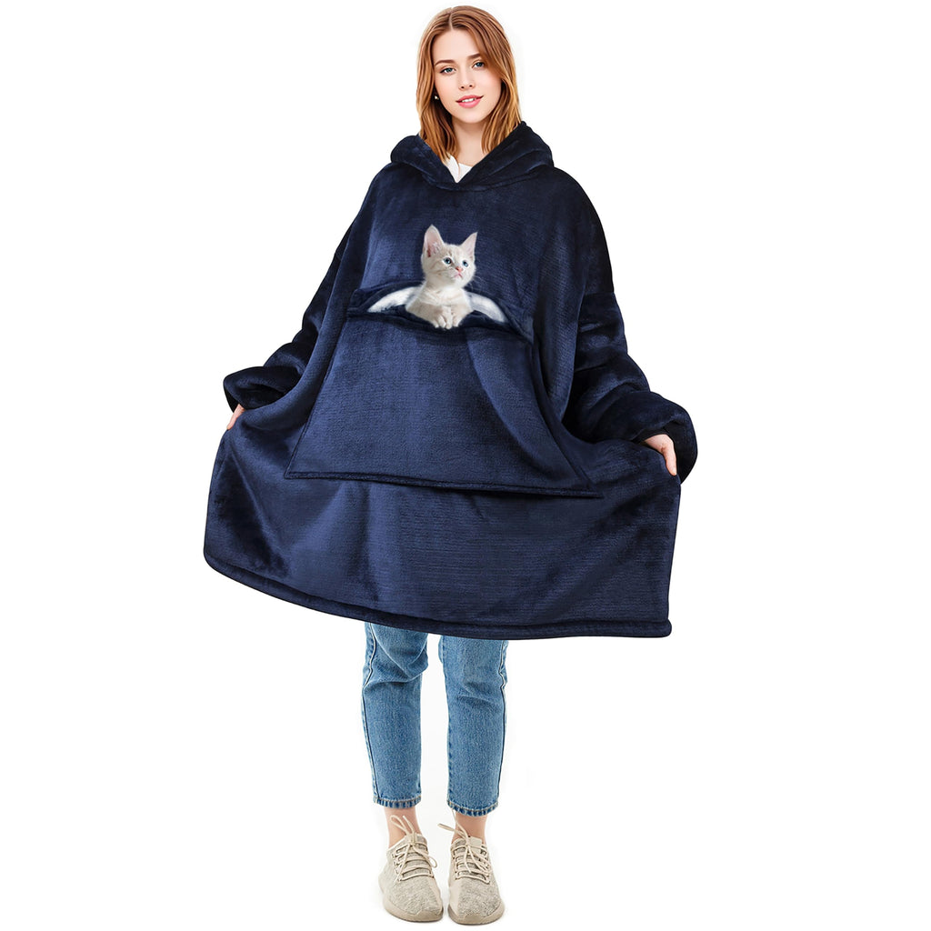 Solaris Oversized Wearable Blanket Hoodie, Cozy Sherpa Sweatshirt with Pet Pocket, Classic Size, Dark Blue, Model 1SLHD200DBL-FSCB