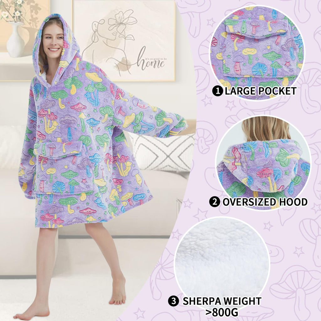 Mewkou Adults Mushroom Wearable Blanket Hoodie Sherpa Fleece Oversized for Women Men