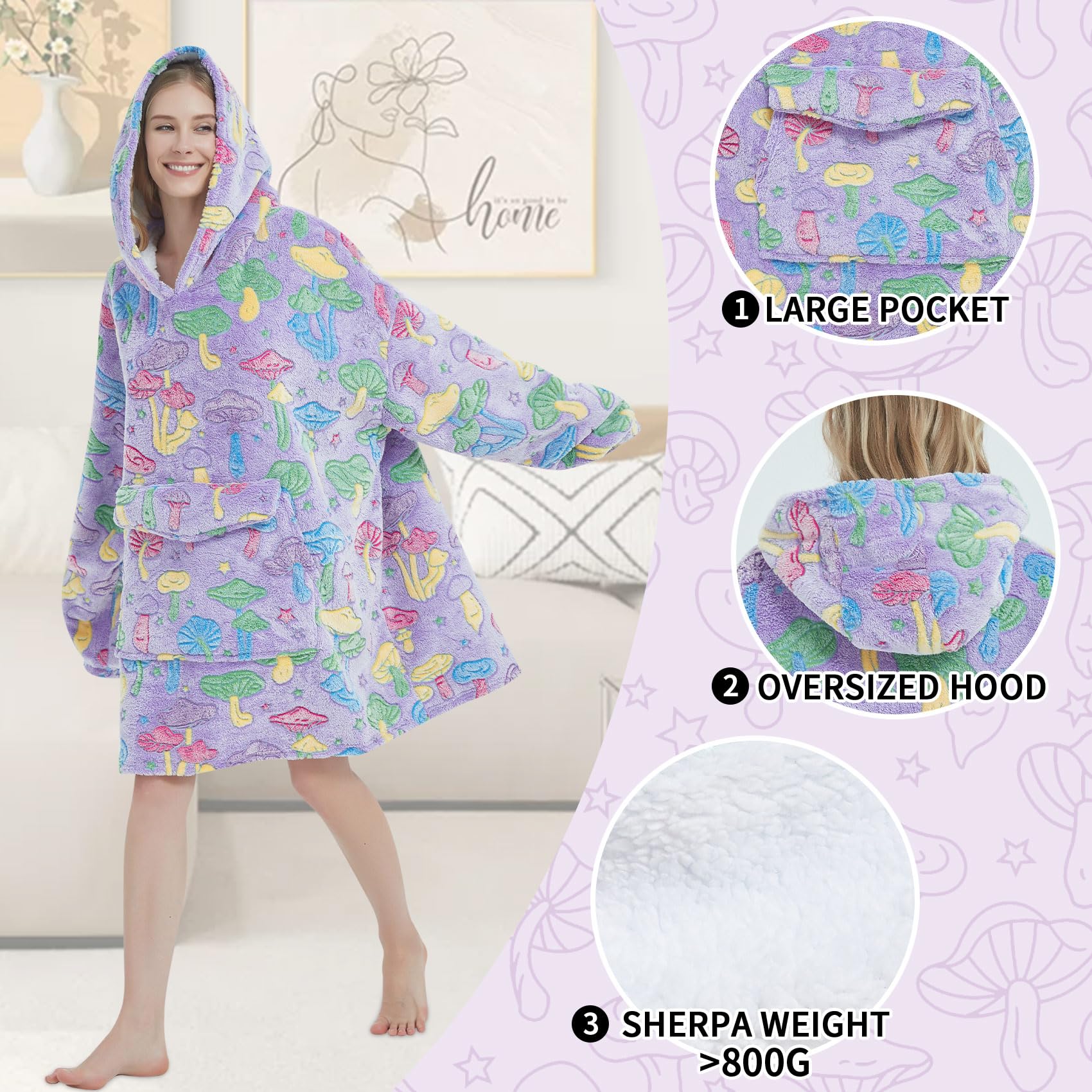 Mewkou Adults Mushroom Wearable Blanket Hoodie Sherpa Fleece Oversized for Women Men